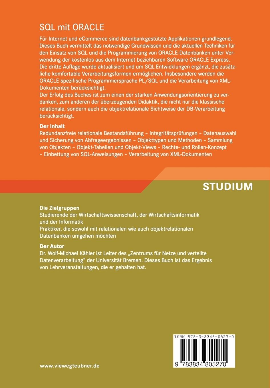 Rückseitencover SQL mit ORACLE