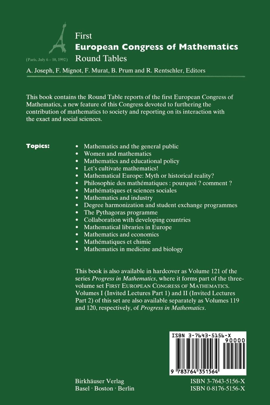 Rückseitencover First European Congress of Mathematics