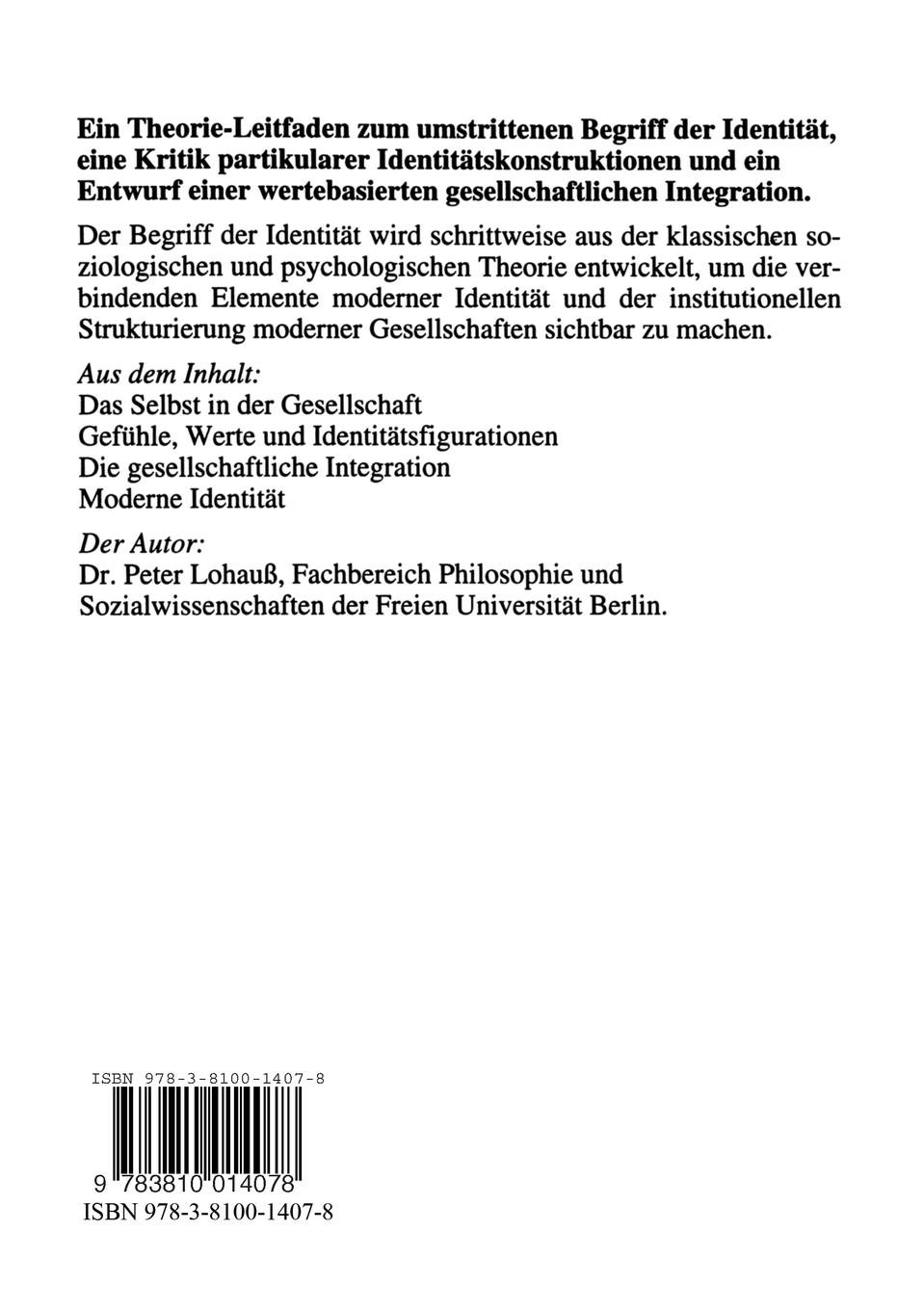 Rückseitencover Moderne Identität und Gesellschaft