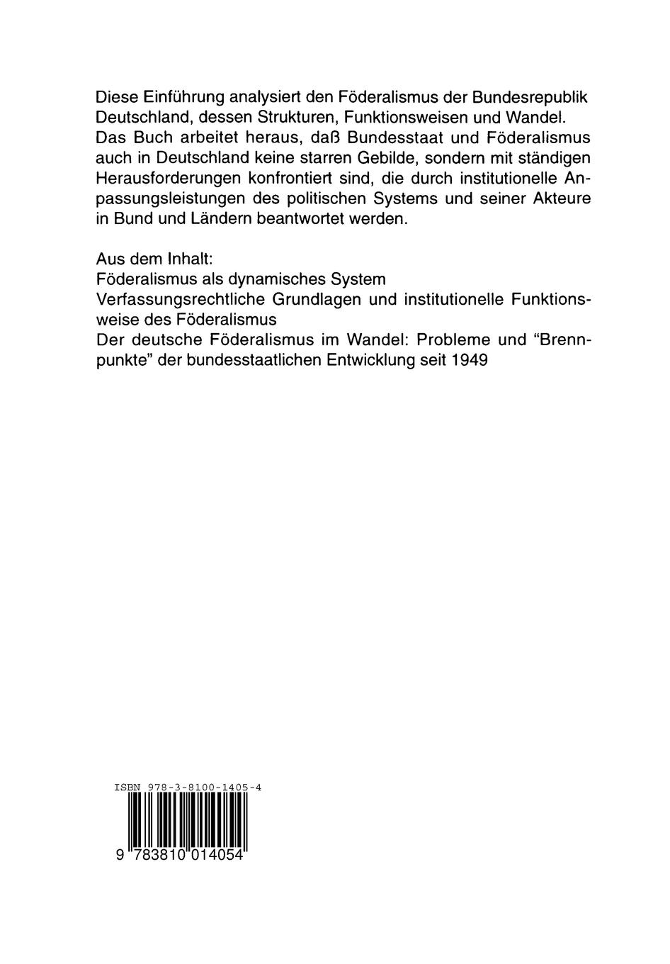 Rückseitencover Föderalismus in der Bundesrepublik Deutschland