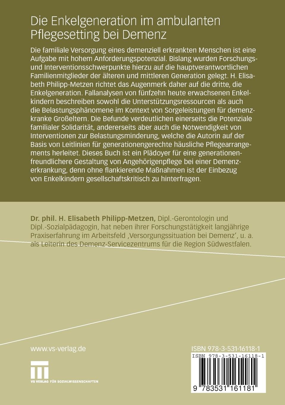 Rückseitencover Die Enkelgeneration im ambulanten Pflegesetting bei Demenz