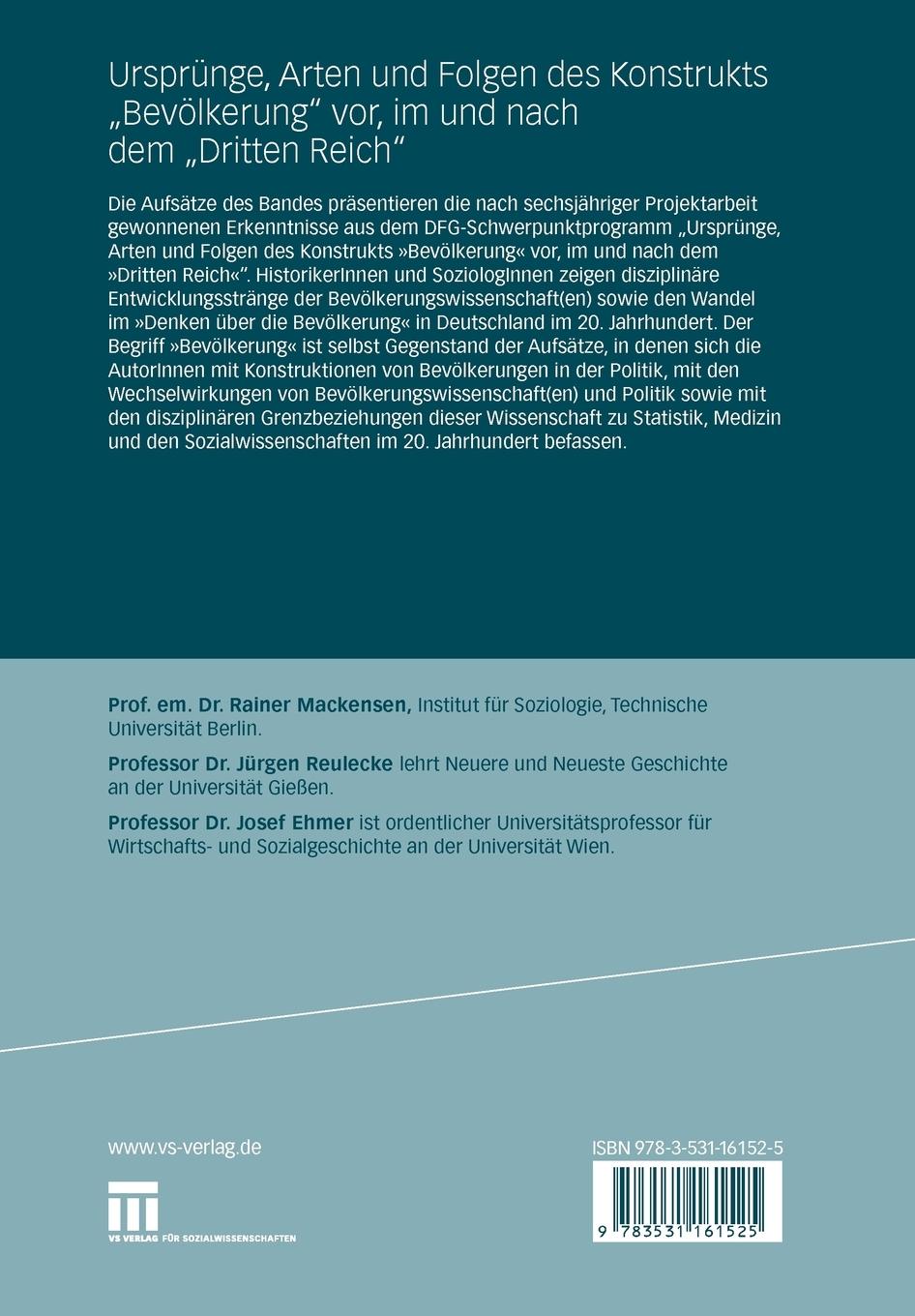 Rückseitencover Ursprünge, Arten und Folgen des Konstrukts "Bevölkerung" vor, im und nach dem "Dritten Reich"