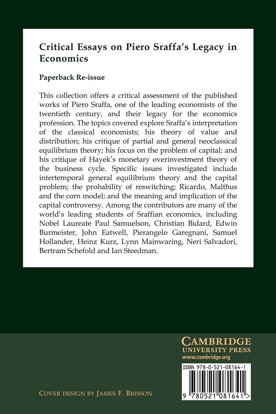 Rückseitencover Critical Essays on Piero Sraffa's Legacy in Economics