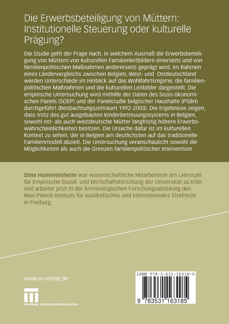 Rückseitencover Die Erwerbsbeteiligung von Müttern: Institutionelle Steuerung oder kulturelle Prägung?