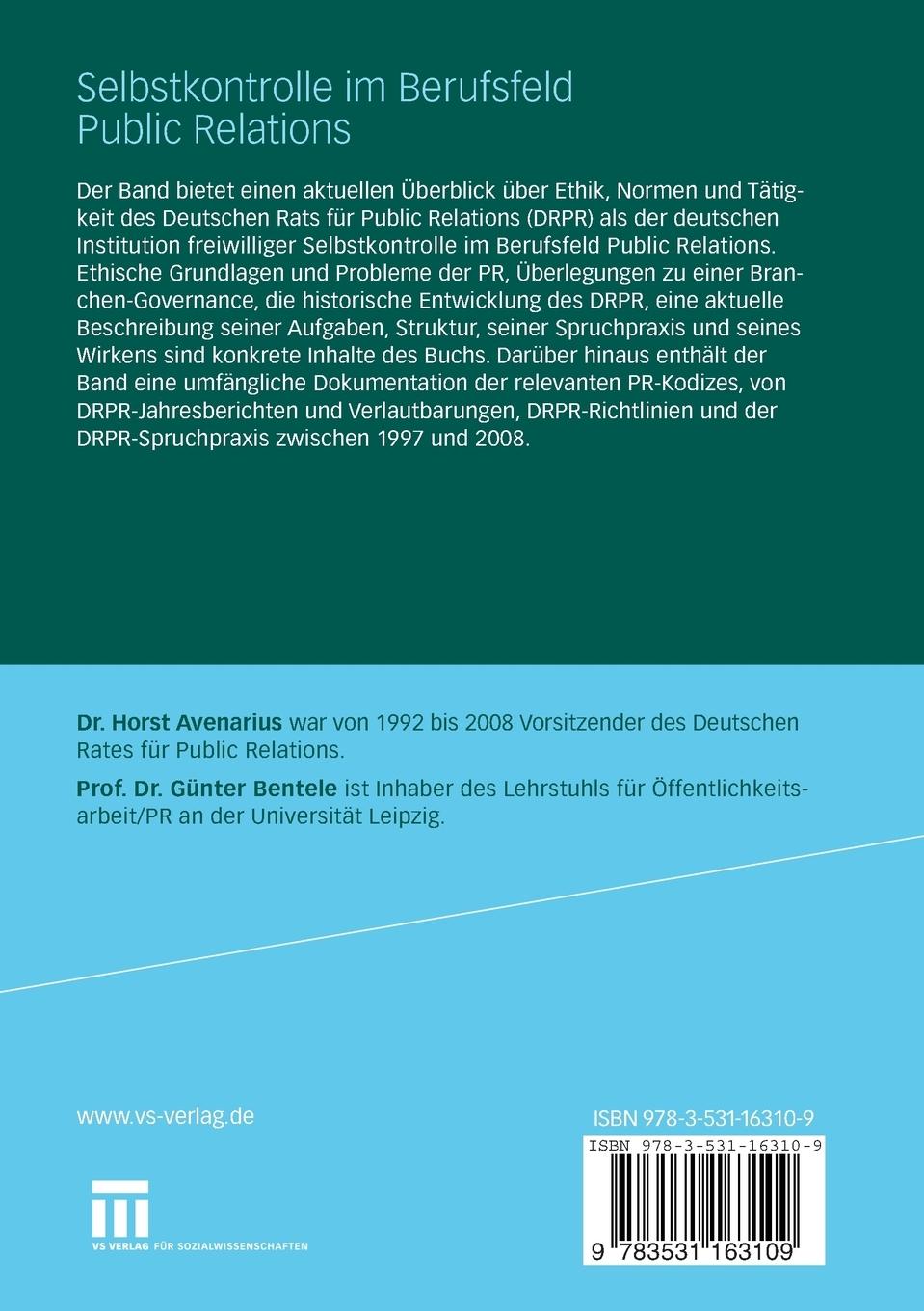 Rückseitencover Selbstkontrolle im Berufsfeld Public Relations