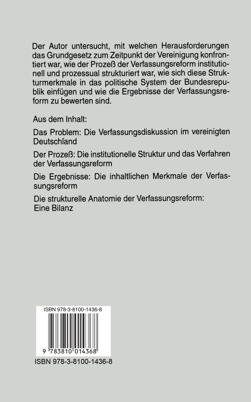 Rückseitencover Die Grundgesetzreform nach der deutschen Einheit