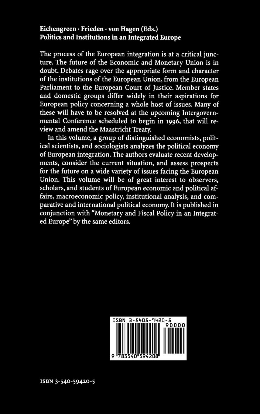 Rückseitencover Politics and Institutions in an Integrated Europe