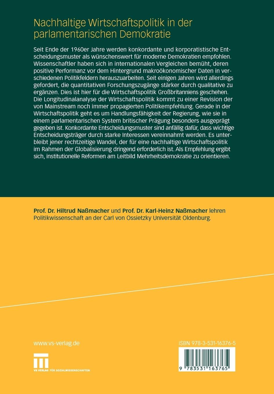 Rückseitencover Nachhaltige Wirtschaftspolitik in der parlamentarischen Demokratie