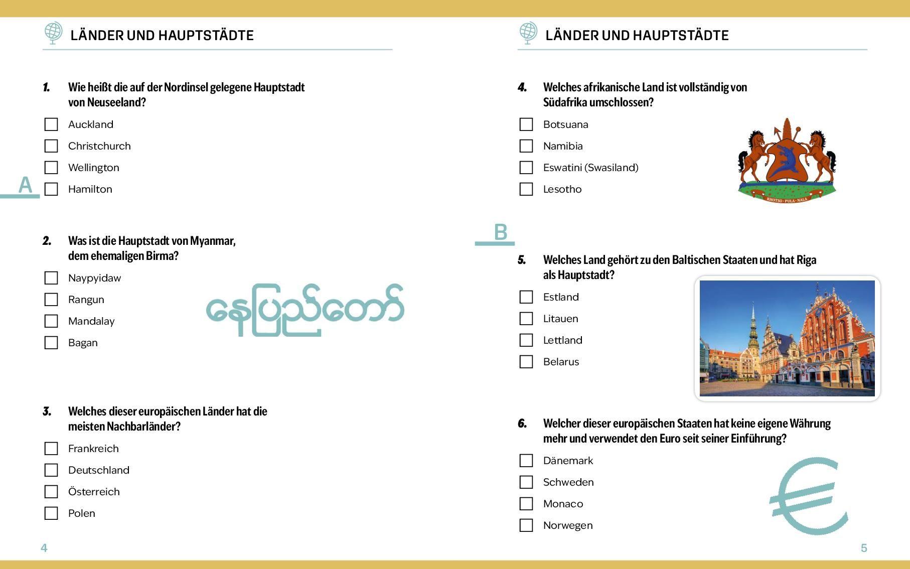 Beispielinhalt (Bild) Quizbuch mit Lösungsschablone Geografie