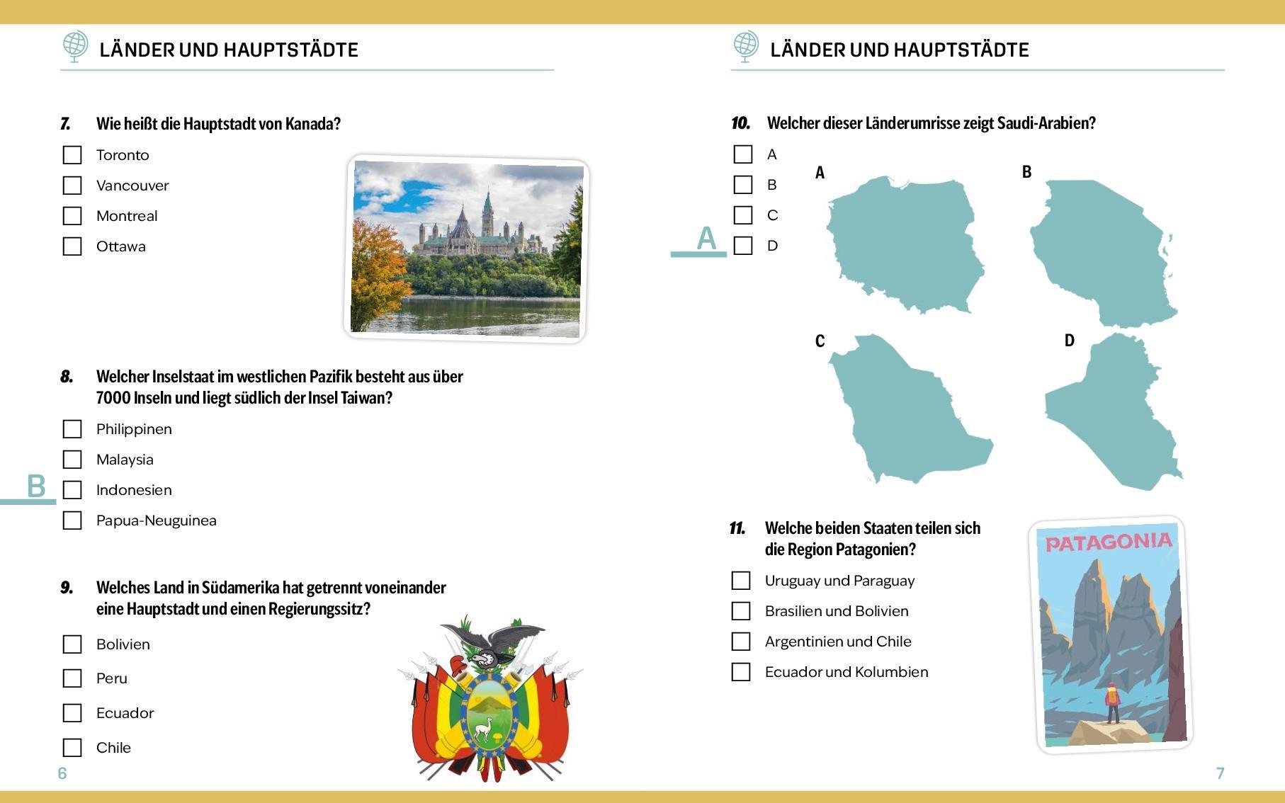 Beispielinhalt (Bild) Quizbuch mit Lösungsschablone Geografie