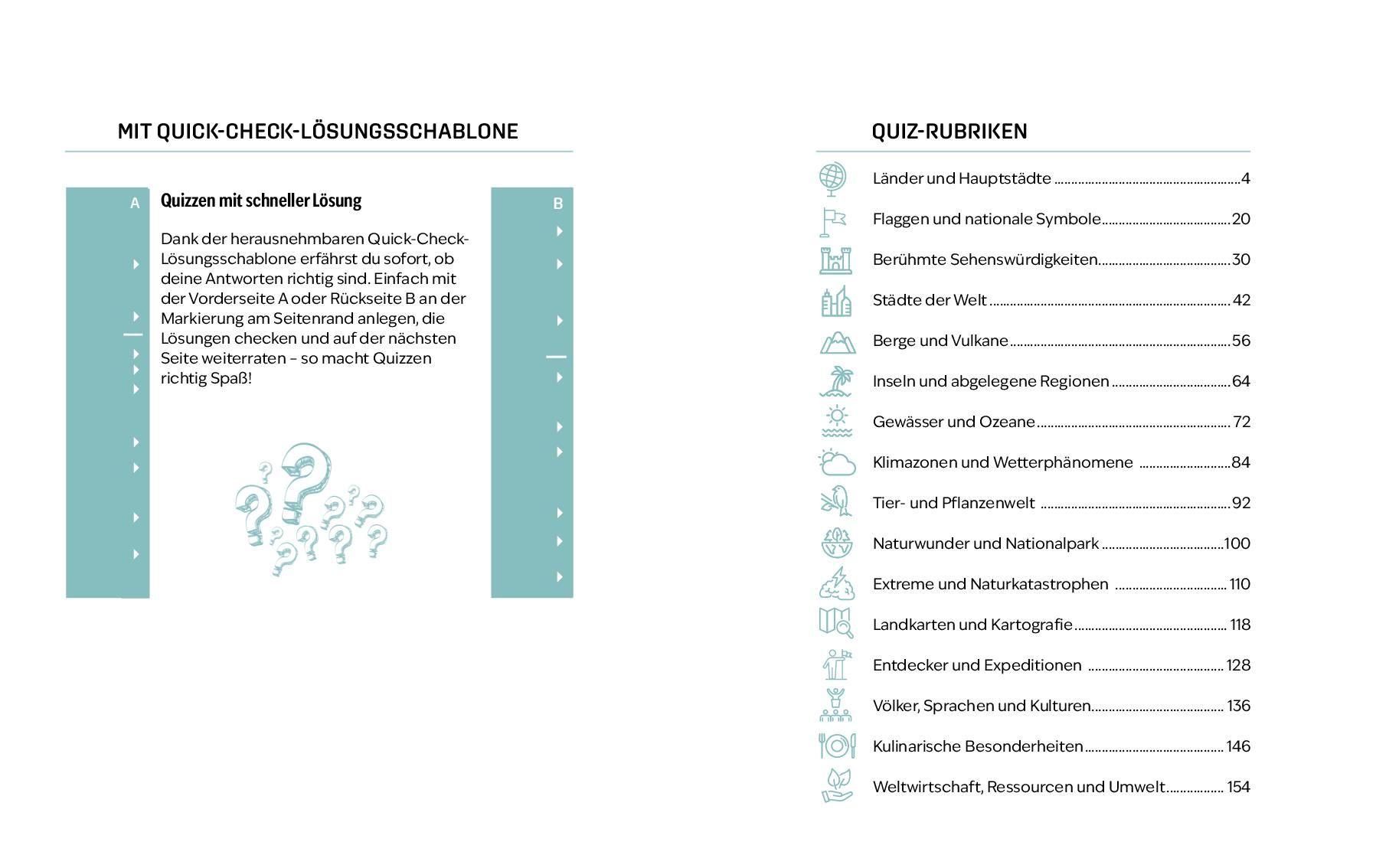 Beispielinhalt (Bild) Quizbuch mit Lösungsschablone Geografie