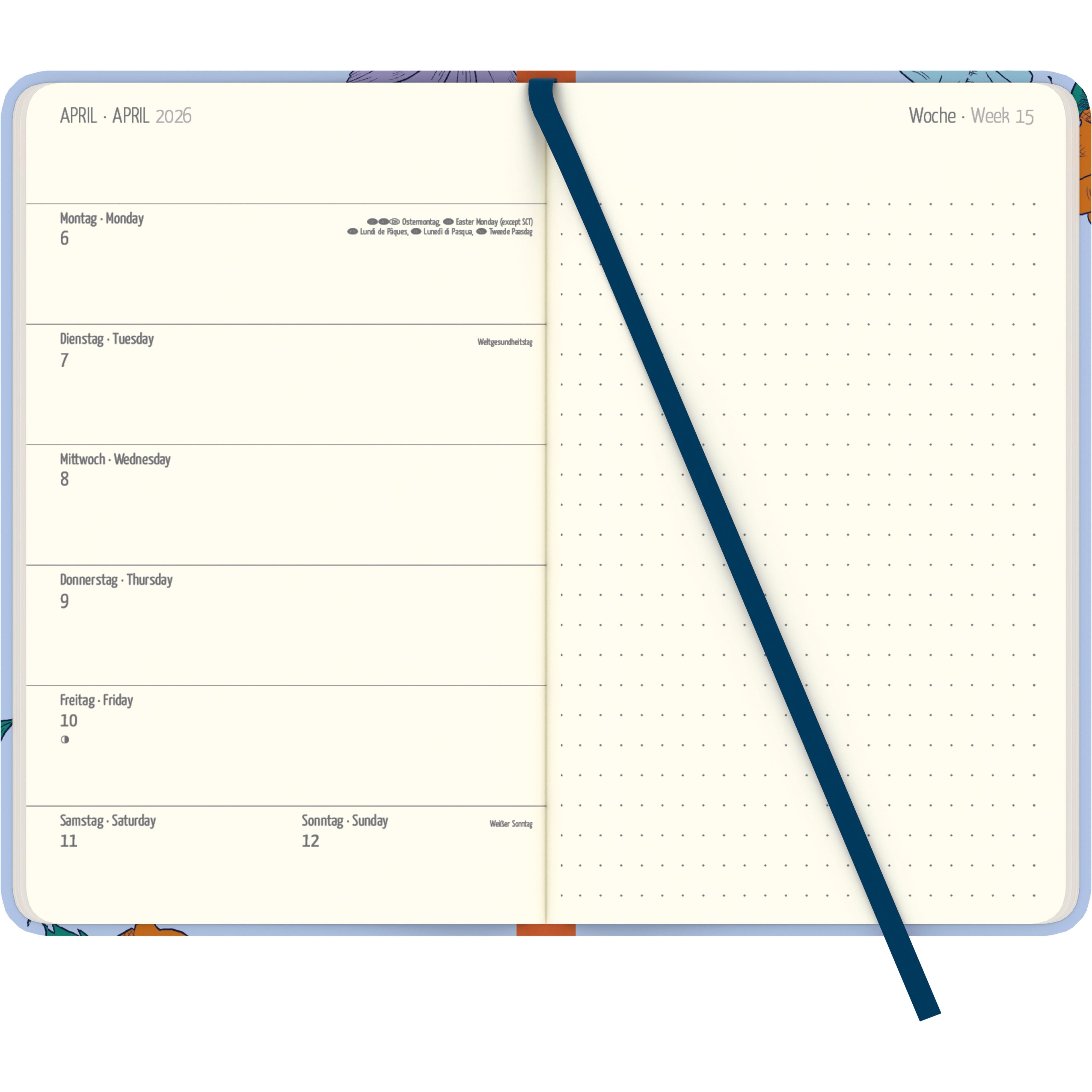 Beispielinhalt (Bild) Frida Kahlo Wochen-Notizkalender groß 2026 - Taschen-Kalender 13x21 cm - mit Verschlussband & Falttasche - Weekly