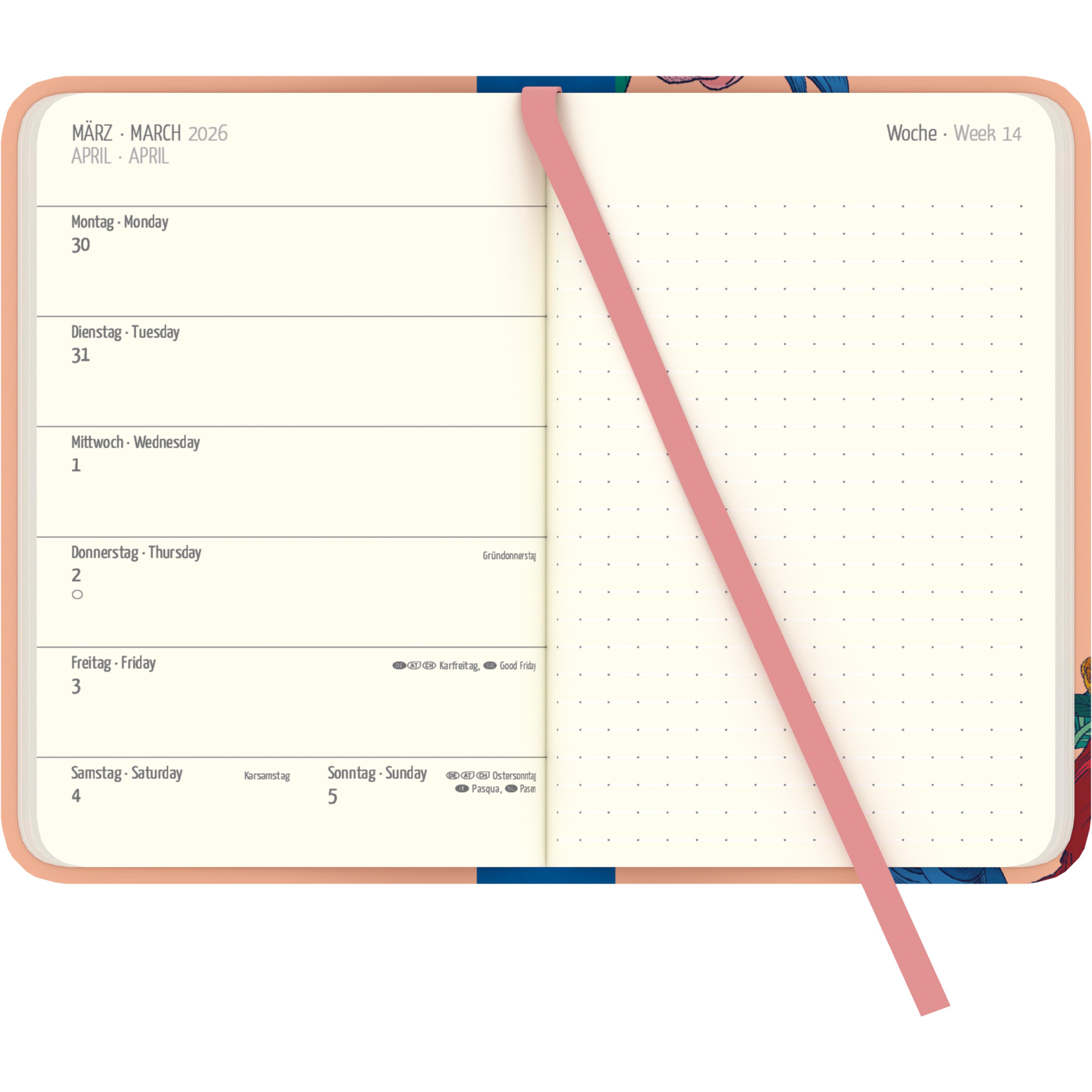 Beispielinhalt (Bild) Frida Kahlo Wochen-Notizkalender klein 2026 - Taschen-Kalender 9x14 cm - mit Verschlussband & Falttasche - Weekly