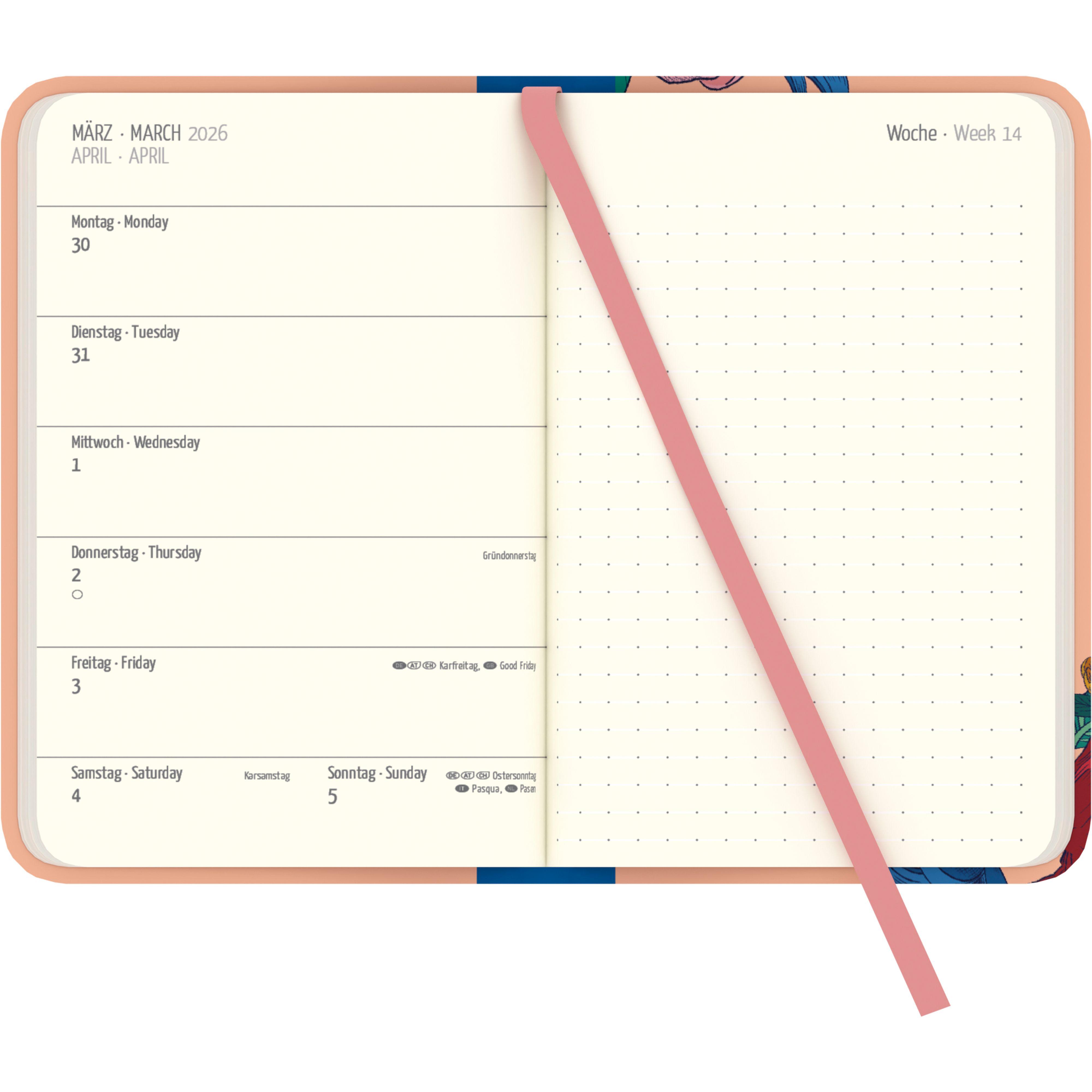 Beispielinhalt (Bild) Frida Kahlo Wochen-Notizkalender klein 2026 - Taschen-Kalender 9x14 cm - mit Verschlussband & Falttasche - Weekly