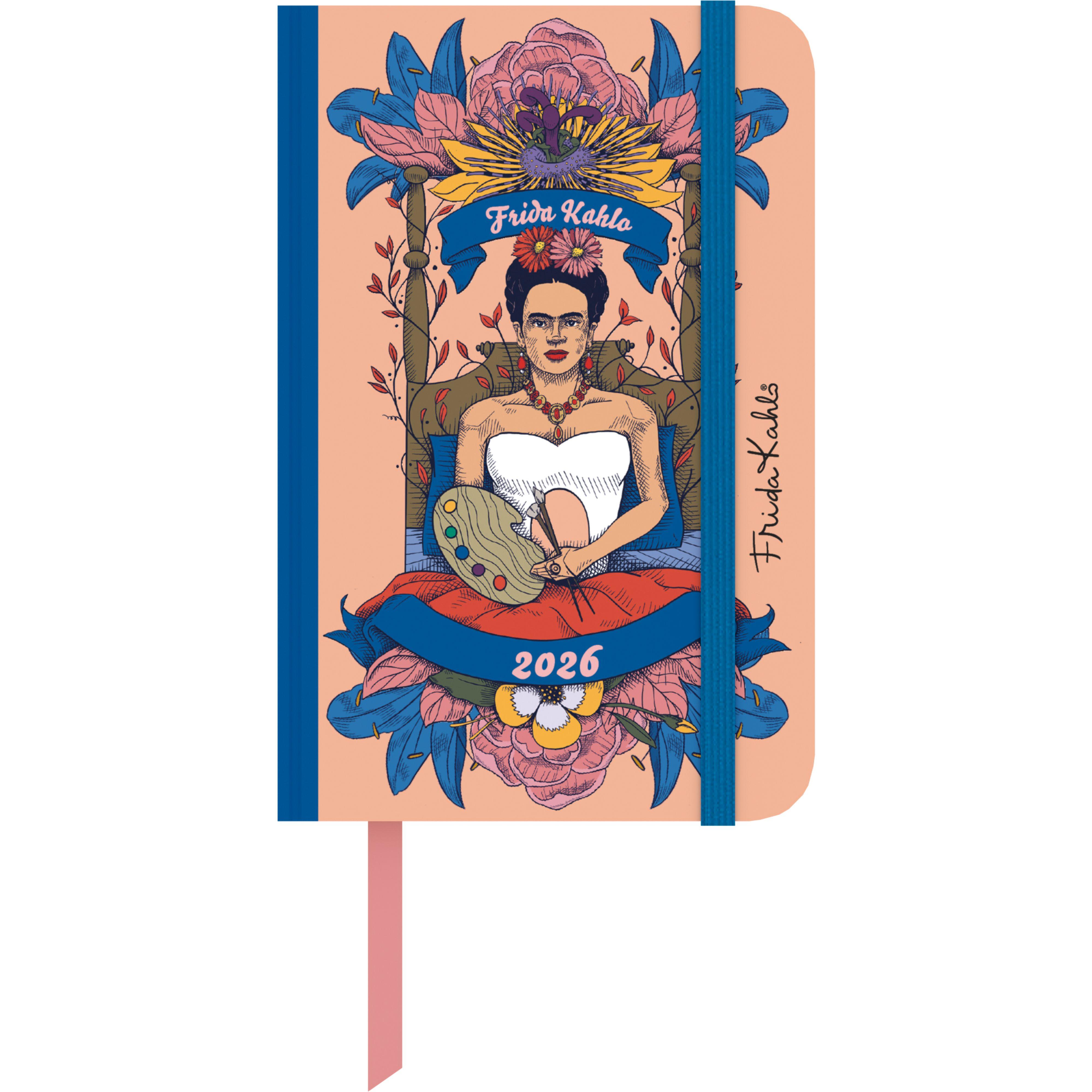Vorderes Coverbild Frida Kahlo Wochen-Notizkalender klein 2026 - Taschen-Kalender 9x14 cm - mit Verschlussband & Falttasche - Weekly
