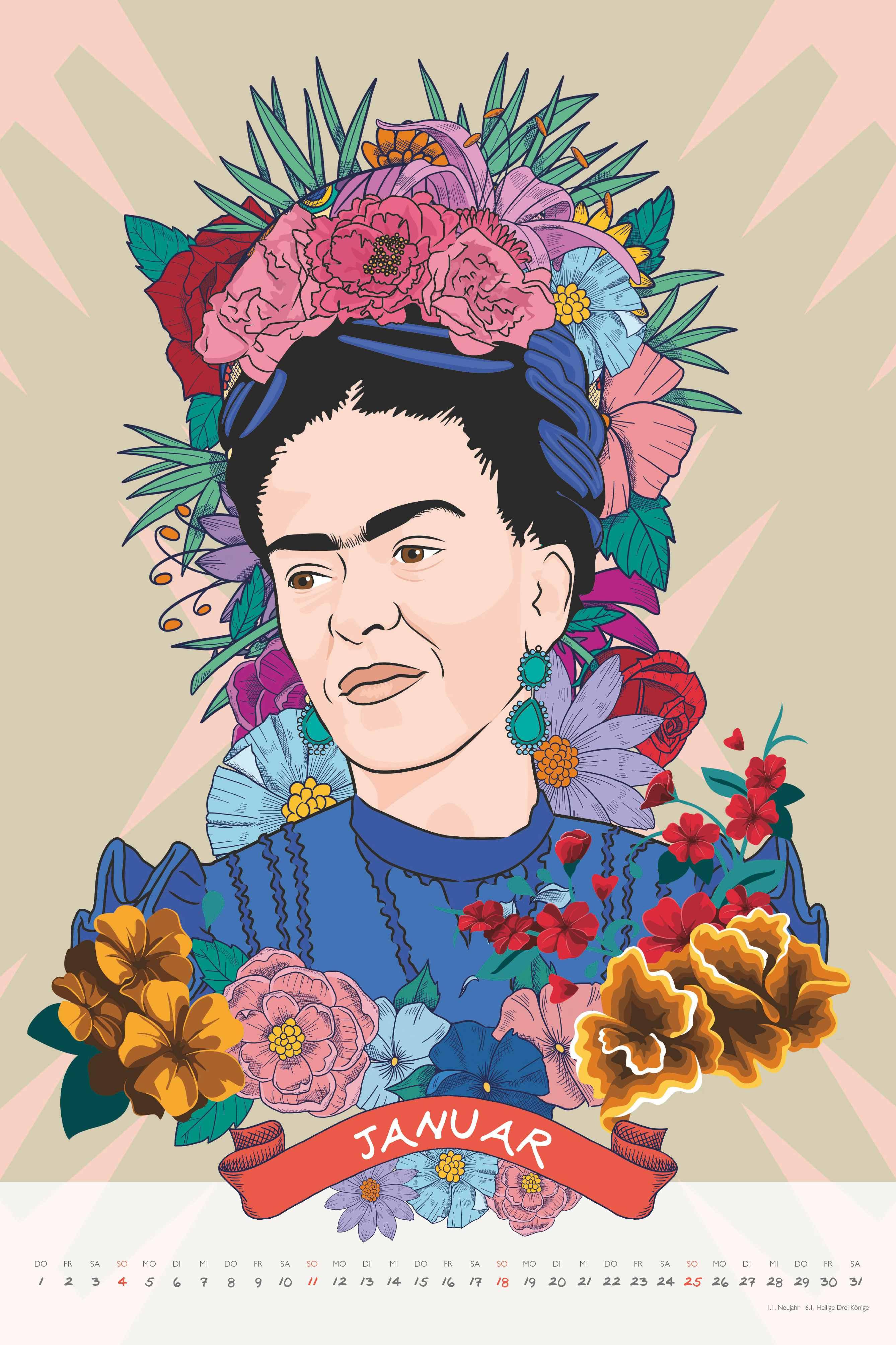 Beispielinhalt (Bild) Frida Kahlo 2026 - Wandkalender - Hochformat 33 x 49,5 cm - Mit Spiralbindung