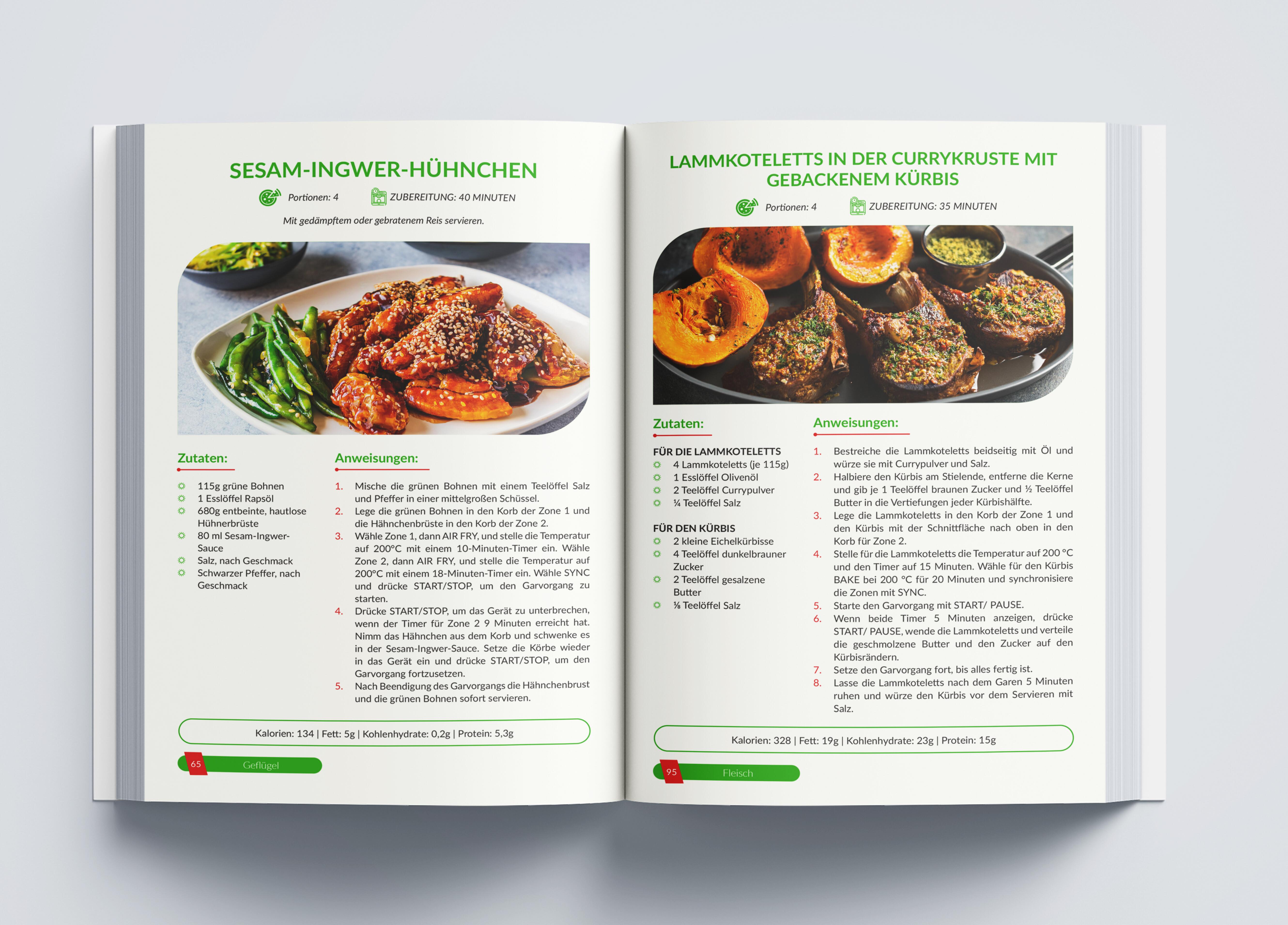 Beispielinhalt (Bild) Ninja Heißluftfritteuse Rezeptbuch XXL: Zwei Zonen, unendliche Möglichkeiten - Mit vielfältigen einfachen Gerichten, Tipps & Tricks | Das Airfryer Kochbuch für die Dual Zone