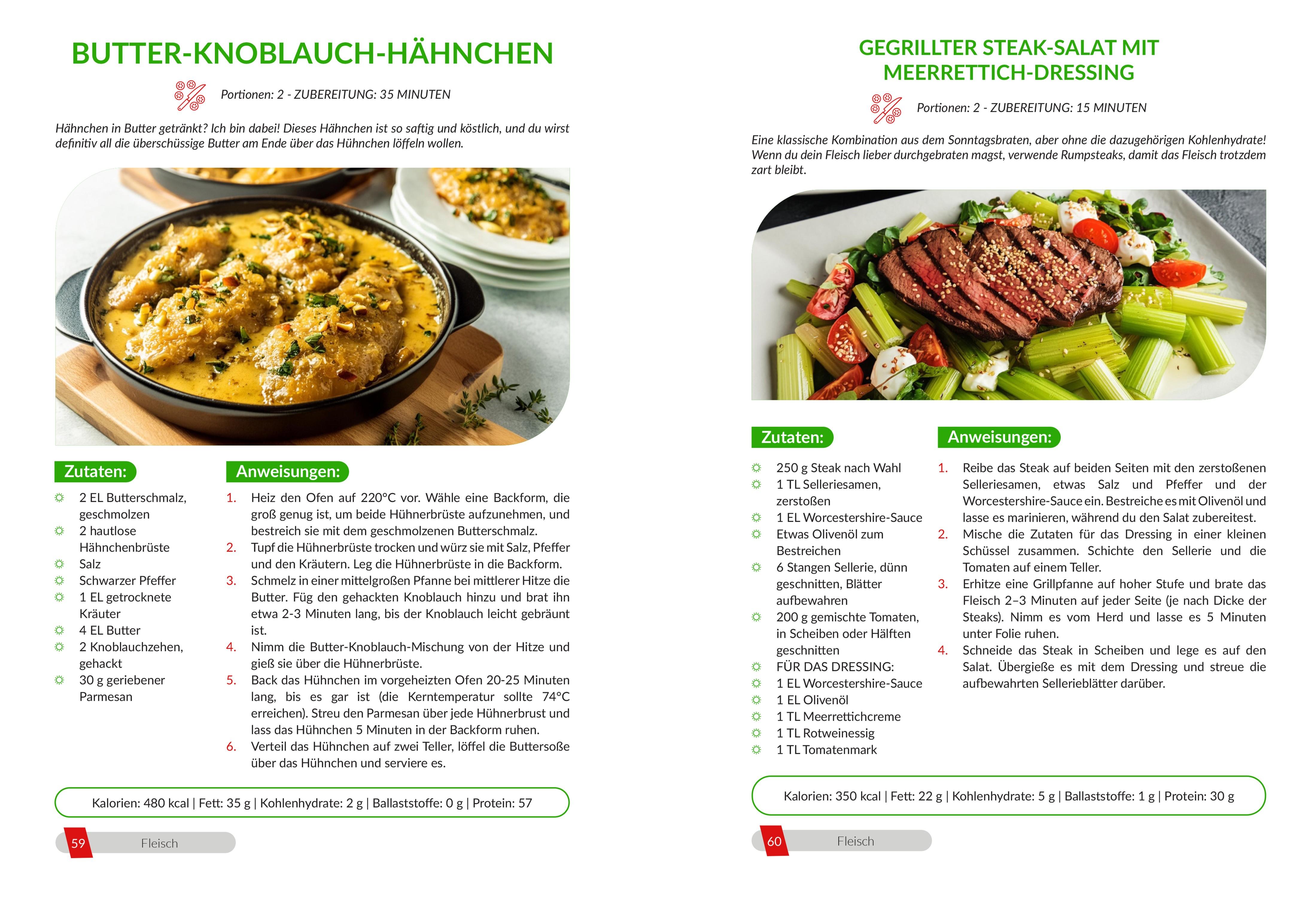 Beispielinhalt (Bild) Low Carb in High Speed: Einfache & Blitzschnelle Rezepte für Berufstätige & Co. - Das Low Carb Kochbuch mit hochwertigen Farbfotos + 30 Tage umfassender Ernährungsplan