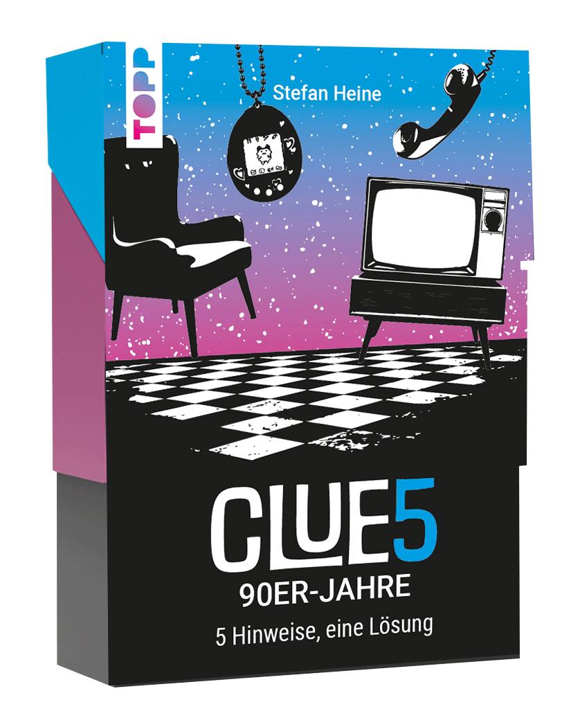 Vorderes Coverbild CLUE5 #90er-Jahre. 5 Hinweise, nur eine Lösung. Das Trend-Quiz für deine Tasche