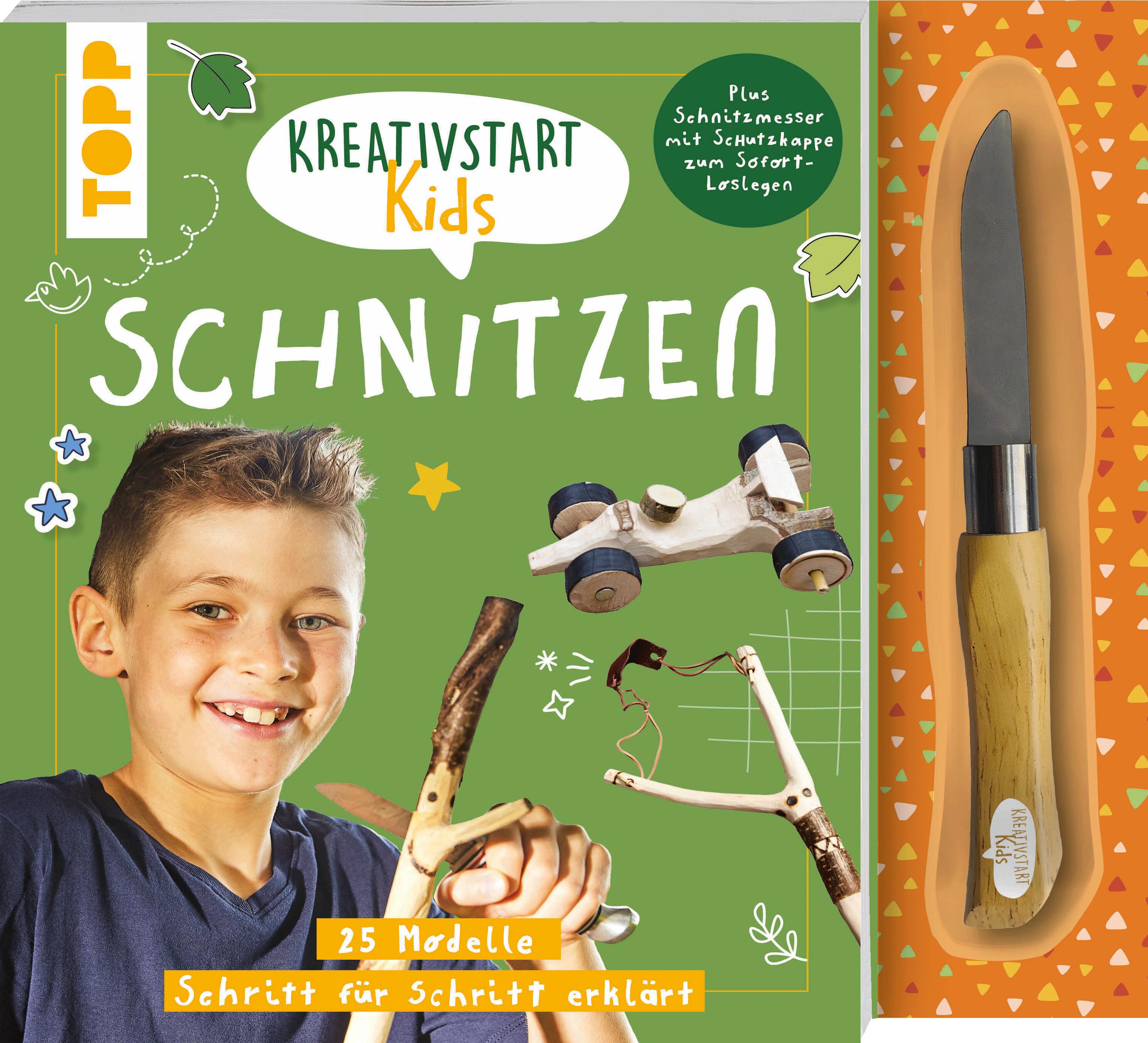 Vorderes Coverbild Kreativstart Kids Schnitzen. Anleitungsbuch und Material