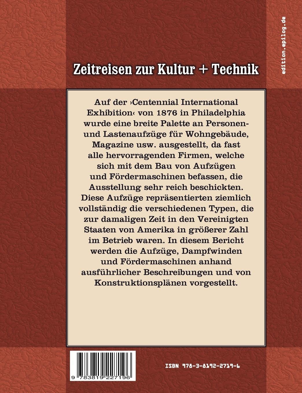 Rückseitencover Aufzüge und Fördermaschinen auf der Weltausstellung in Philadelphia 1876