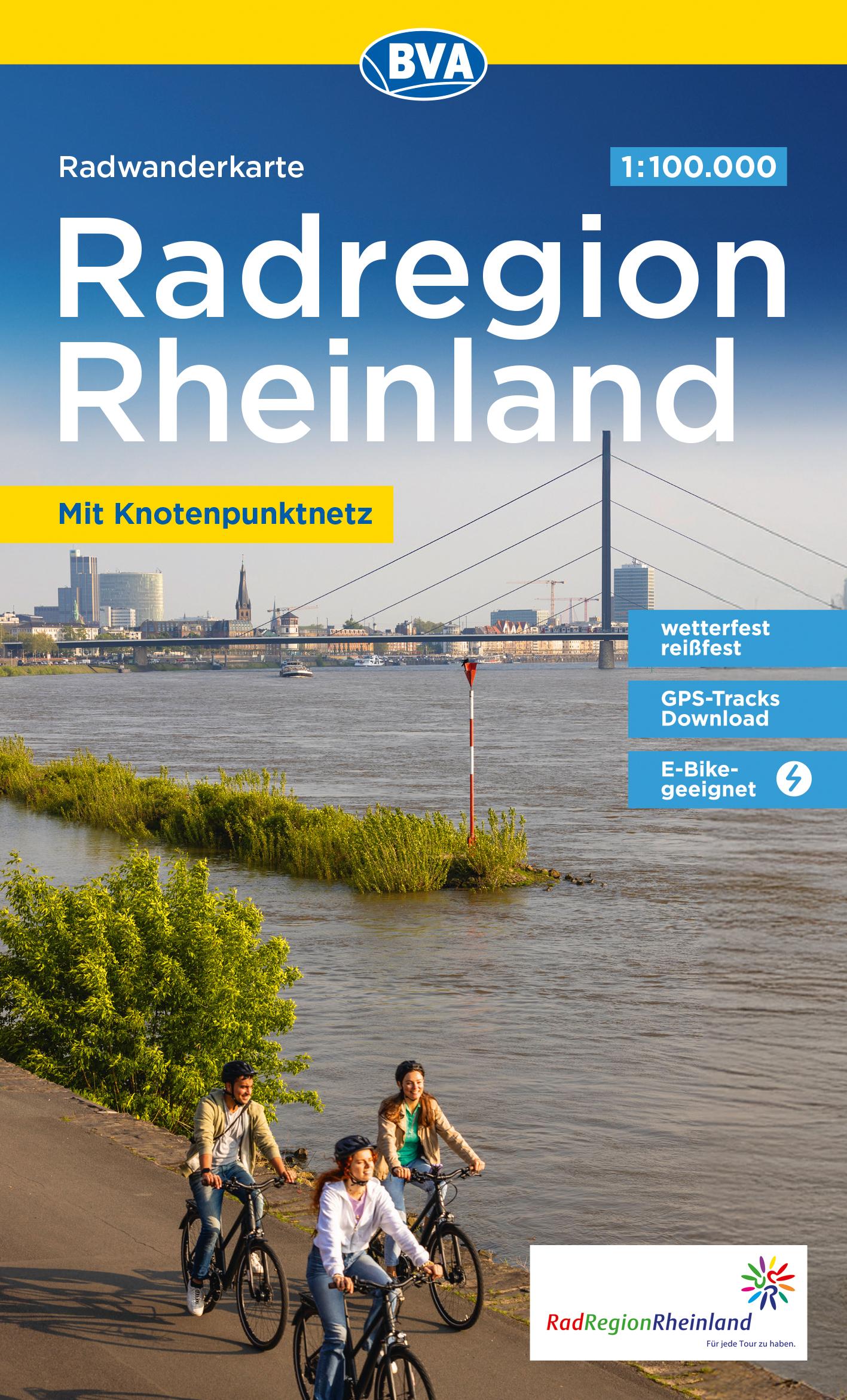 Vorderes Coverbild BVA Radwanderkarte Die schönsten Radtouren in der RadRegion Rheinland 1:100.000, reiß- und wetterfest, GPS-Tracks Download, E-Bike geeignet, mit Knotenpunktnetz und ausgewählten Themenrouten