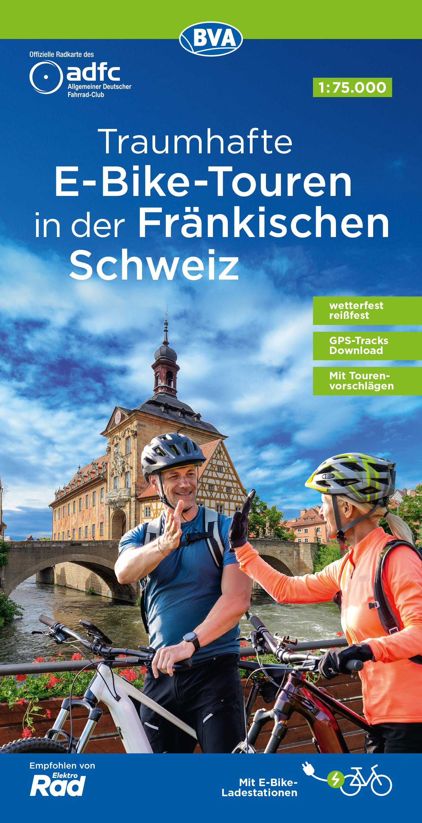Vorderes Coverbild ADFC-Regionalkarte Traumhafte E-Bike-Touren in der Fränkischen Schweiz, 1:75.000, mit Tagestourenvorschlägen, reiß- und wetterfest, GPS-Tracks Download