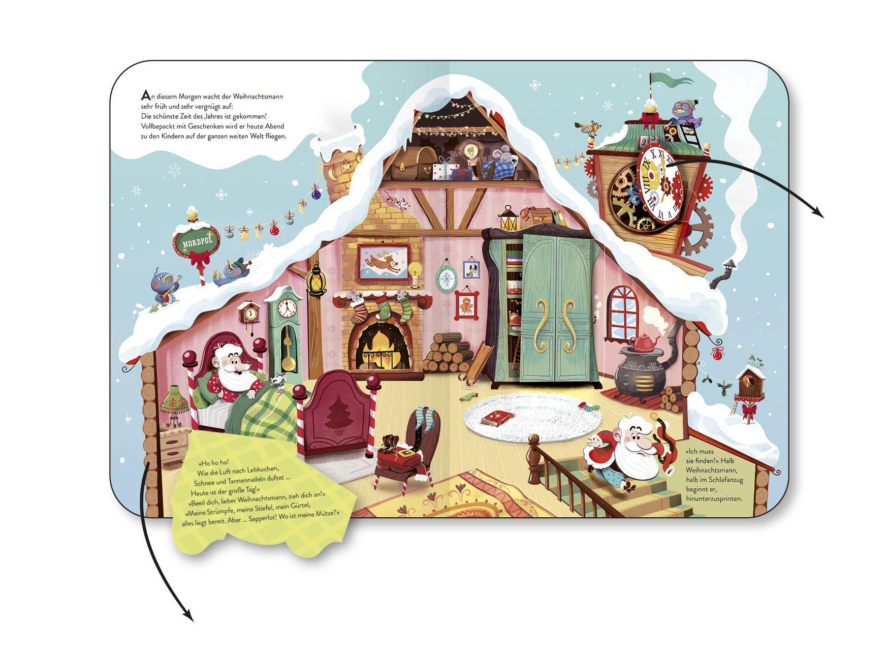 Beispielinhalt (Bild) Wo ist die Mütze vom Weihnachtsmann? - Pappbilderbuch mit Klappen ab 3 Jahren. Weihnachtliches Mitmachbuch voller Überraschungen.