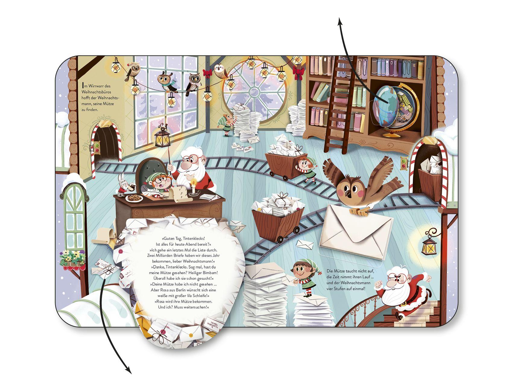 Beispielinhalt (Bild) Wo ist die Mütze vom Weihnachtsmann? - Pappbilderbuch mit Klappen ab 3 Jahren. Weihnachtliches Mitmachbuch voller Überraschungen.