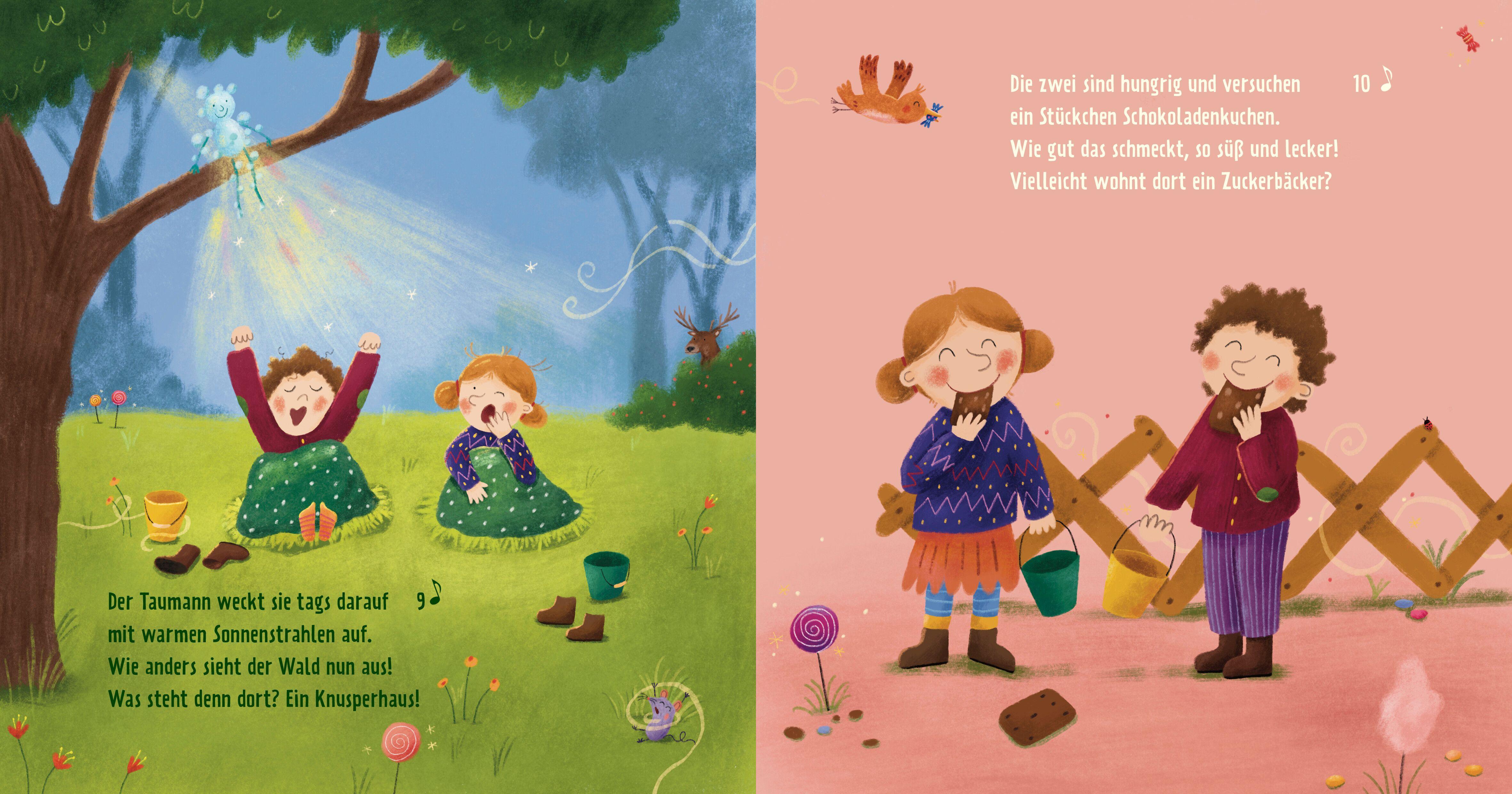 Beispielinhalt (Bild) Meine Musikmärchen: Hänsel und Gretel - Knusperhäuschen, Hexe und mutige Geschwister: ein Pappbilderbuch zur musikalischen Frühförderung. Für kleine Reim- und Märchenfans ab 3 Jahren
