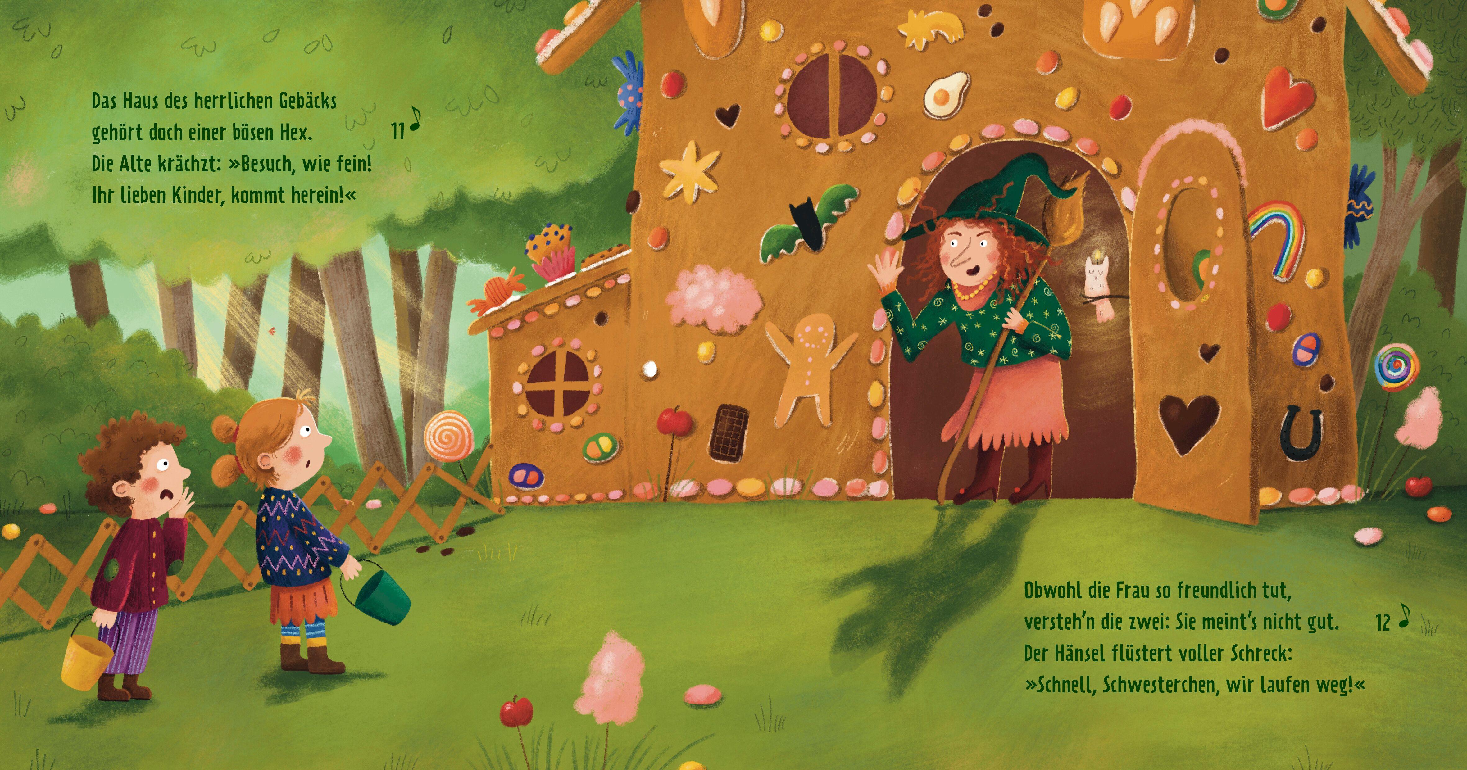 Beispielinhalt (Bild) Meine Musikmärchen: Hänsel und Gretel - Knusperhäuschen, Hexe und mutige Geschwister: ein Pappbilderbuch zur musikalischen Frühförderung. Für kleine Reim- und Märchenfans ab 3 Jahren