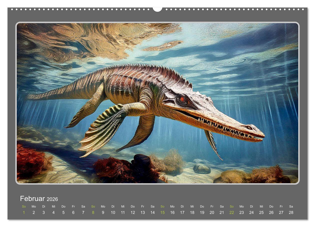 Beispielinhalt (Bild) Riesenechsen der Urzeit (Wandkalender 2026 DIN A2 quer), CALVENDO Monatskalender