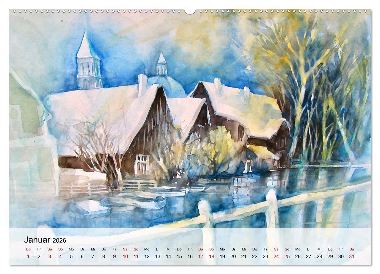 Beispielinhalt (Bild) Aquarell auf Reisen - mit Eckard Funck (hochwertiger Premium Wandkalender 2026 DIN A2 quer), Kunstdruck in Hochglanz