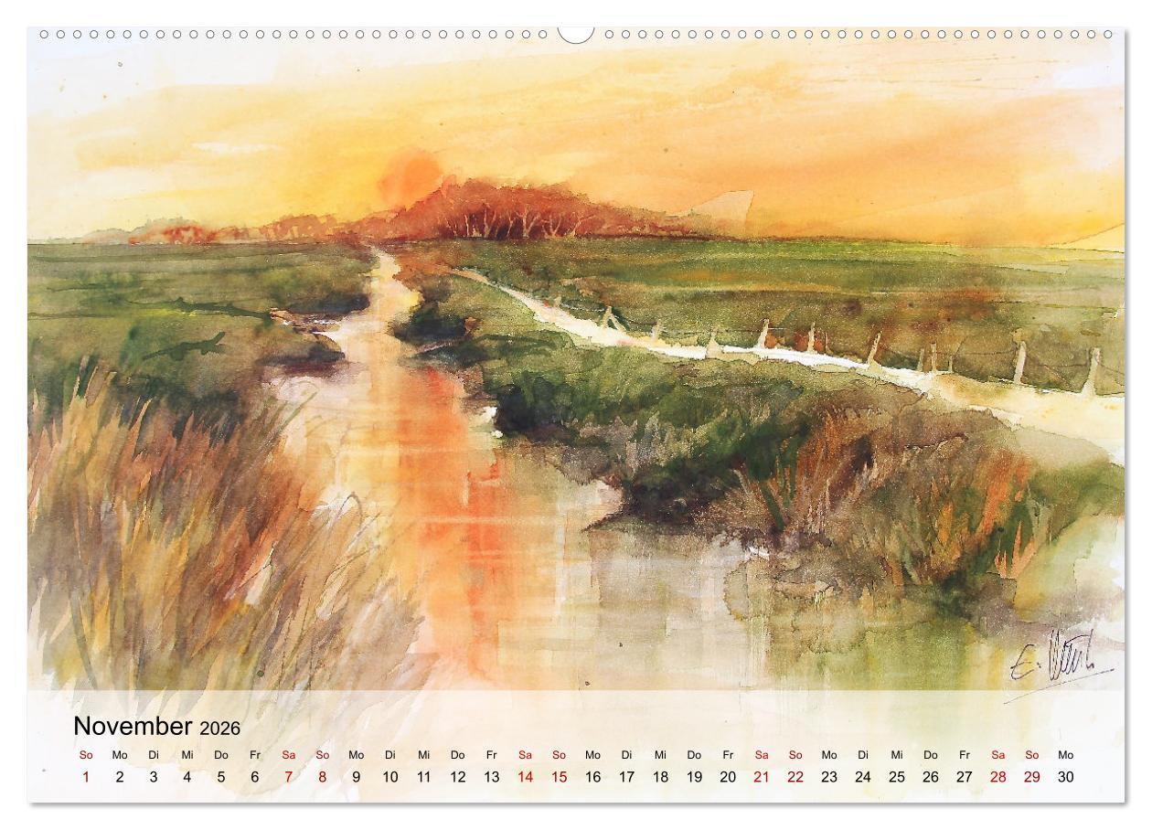 Beispielinhalt (Bild) Aquarell auf Reisen - mit Eckard Funck (hochwertiger Premium Wandkalender 2026 DIN A2 quer), Kunstdruck in Hochglanz