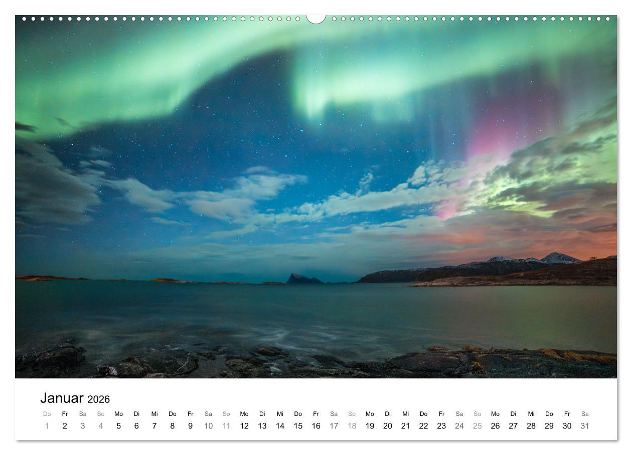 Beispielinhalt (Bild) Nordlichter - Farbenspiel am arktischen Nachthimmel (Wandkalender 2026 DIN A2 quer), CALVENDO Monatskalender