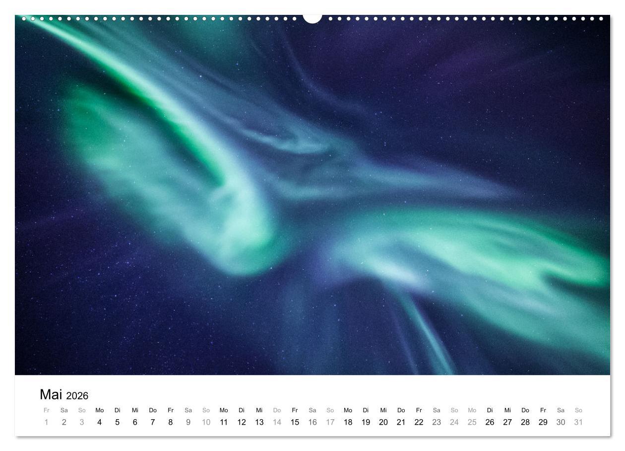 Beispielinhalt (Bild) Nordlichter - Farbenspiel am arktischen Nachthimmel (Wandkalender 2026 DIN A2 quer), CALVENDO Monatskalender