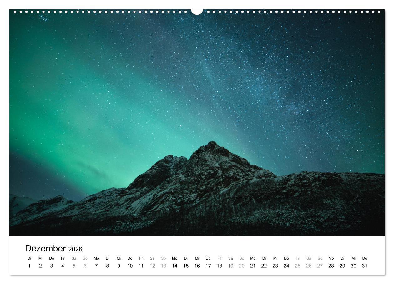 Beispielinhalt (Bild) Nordlichter - Farbenspiel am arktischen Nachthimmel (hochwertiger Premium Wandkalender 2026 DIN A2 quer), Kunstdruck in Hochglanz