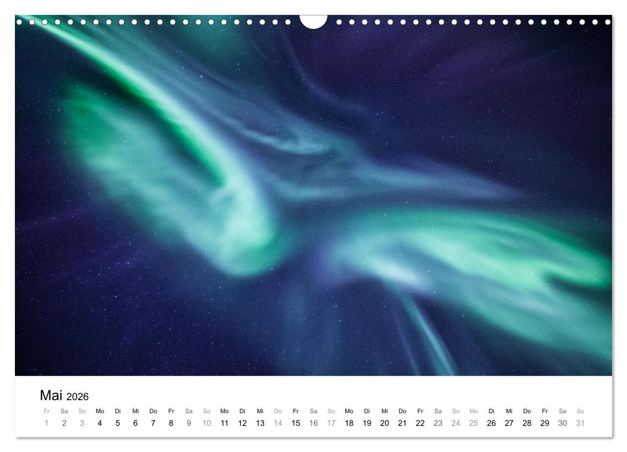Beispielinhalt (Bild) Nordlichter - Farbenspiel am arktischen Nachthimmel (Wandkalender 2026 DIN A3 quer), CALVENDO Monatskalender