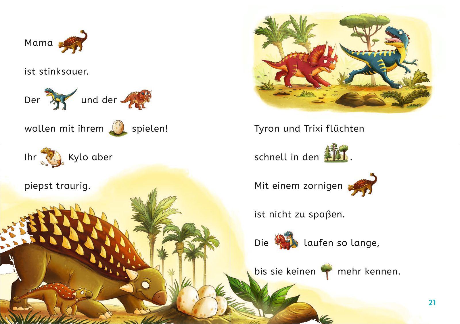 Beispielinhalt (Bild) Leseprofis - Mit Bildern lesen lernen: Zwei Dinos wollen nach Hause, Erstes Lesen