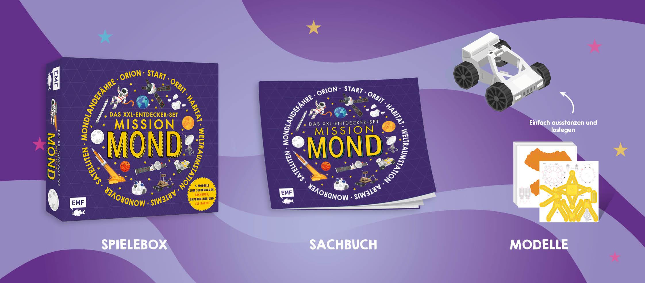 Beispielinhalt (Bild) Das XXL-Entdecker-Set - Mission Mond: 5 Modelle zum Selberbauen, Sachbuch, Experimente und Rakete