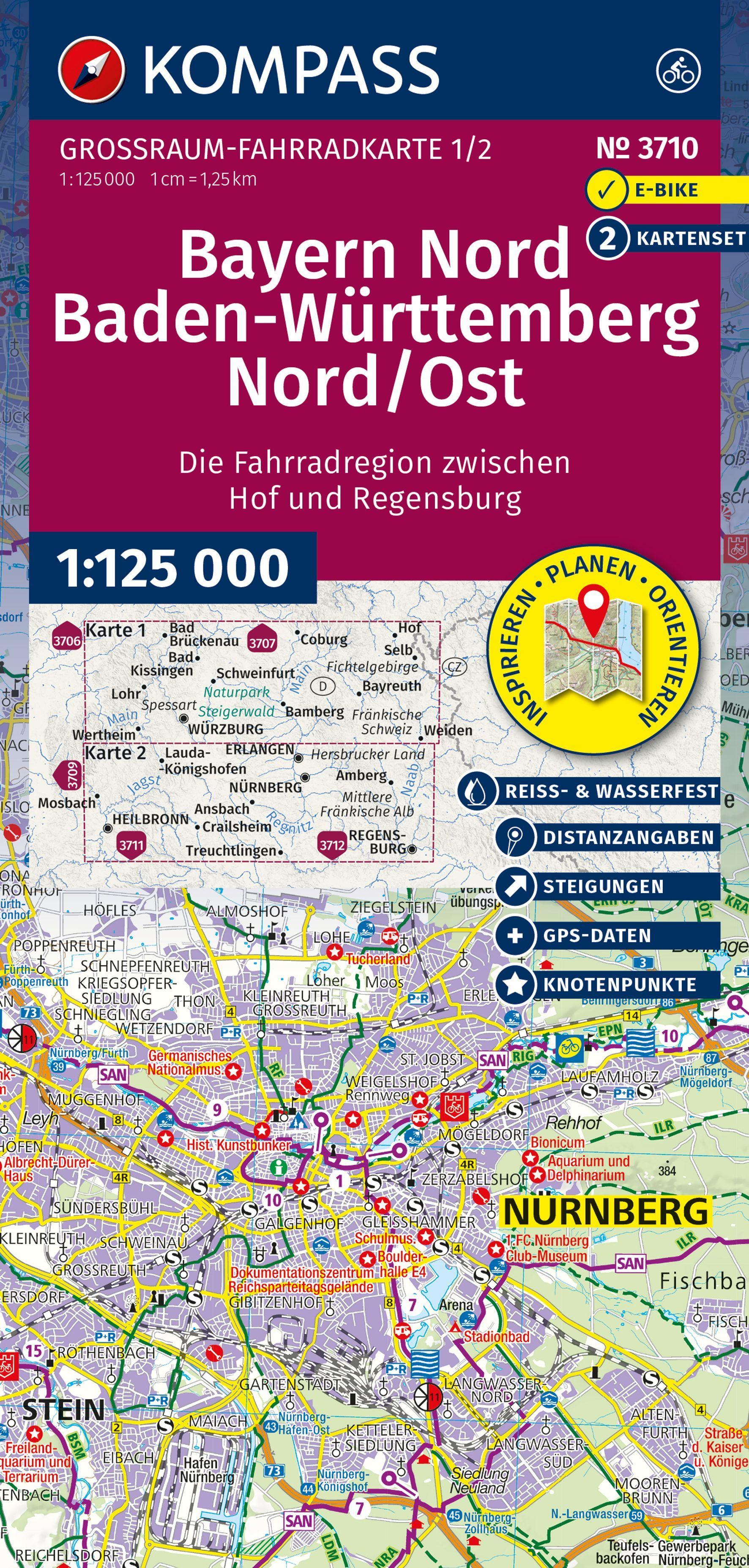 Vorderes Coverbild KOMPASS Großraum Fahrradkarte 3710 Bayern Nord, Baden-Württemberg Nord/Ost 1:125.000