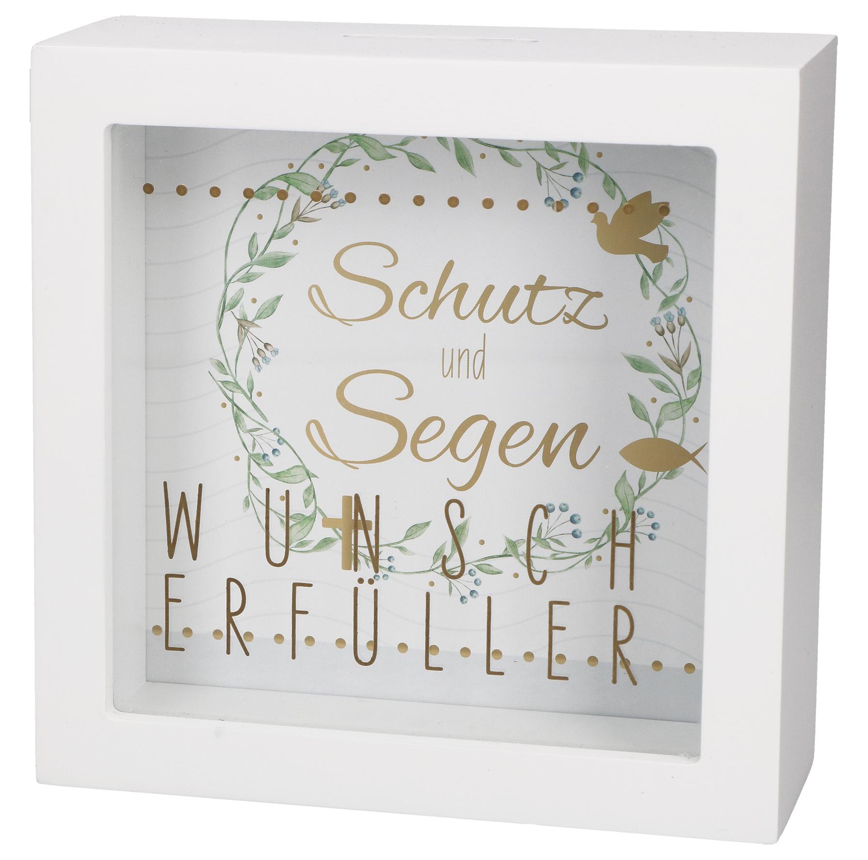 Vorderes Coverbild Butzon & Bercker Bilderrahmen-Spardose Wunscherfüller 14 x 14 x 5,5 cm - Holz 2-in-1 Geschenkbox zum Aufstellen, individualisierbares Hintergrundbild, Golddruck auf Glasscheibe, originelle Verpackung