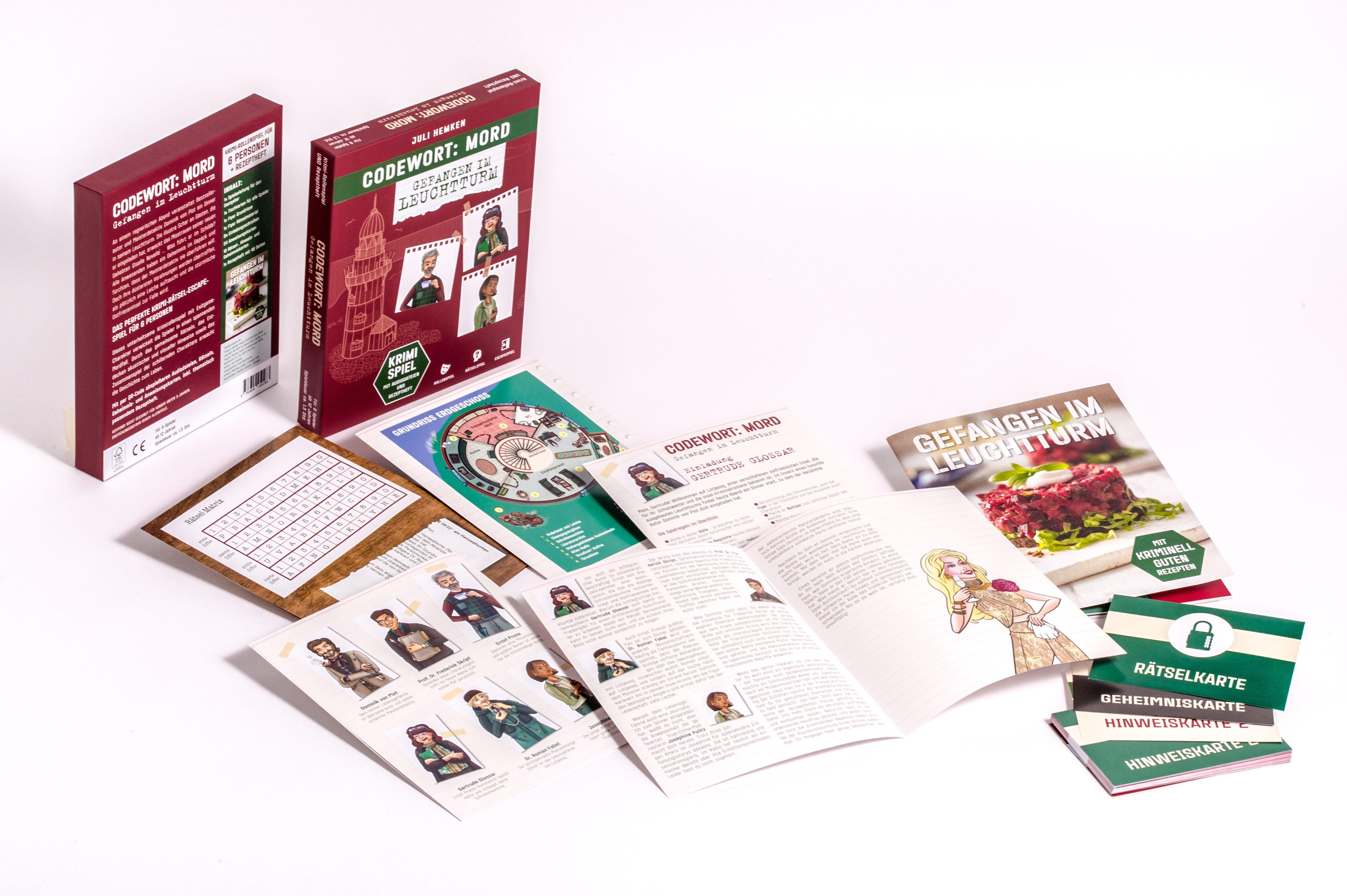Beispielinhalt (Bild) Codewort: Mord. Gefangen im Leuchtturm. Krimidinner-Rollenspiel und Kochbuch. Für 6 Spieler ab 12 Jahren.