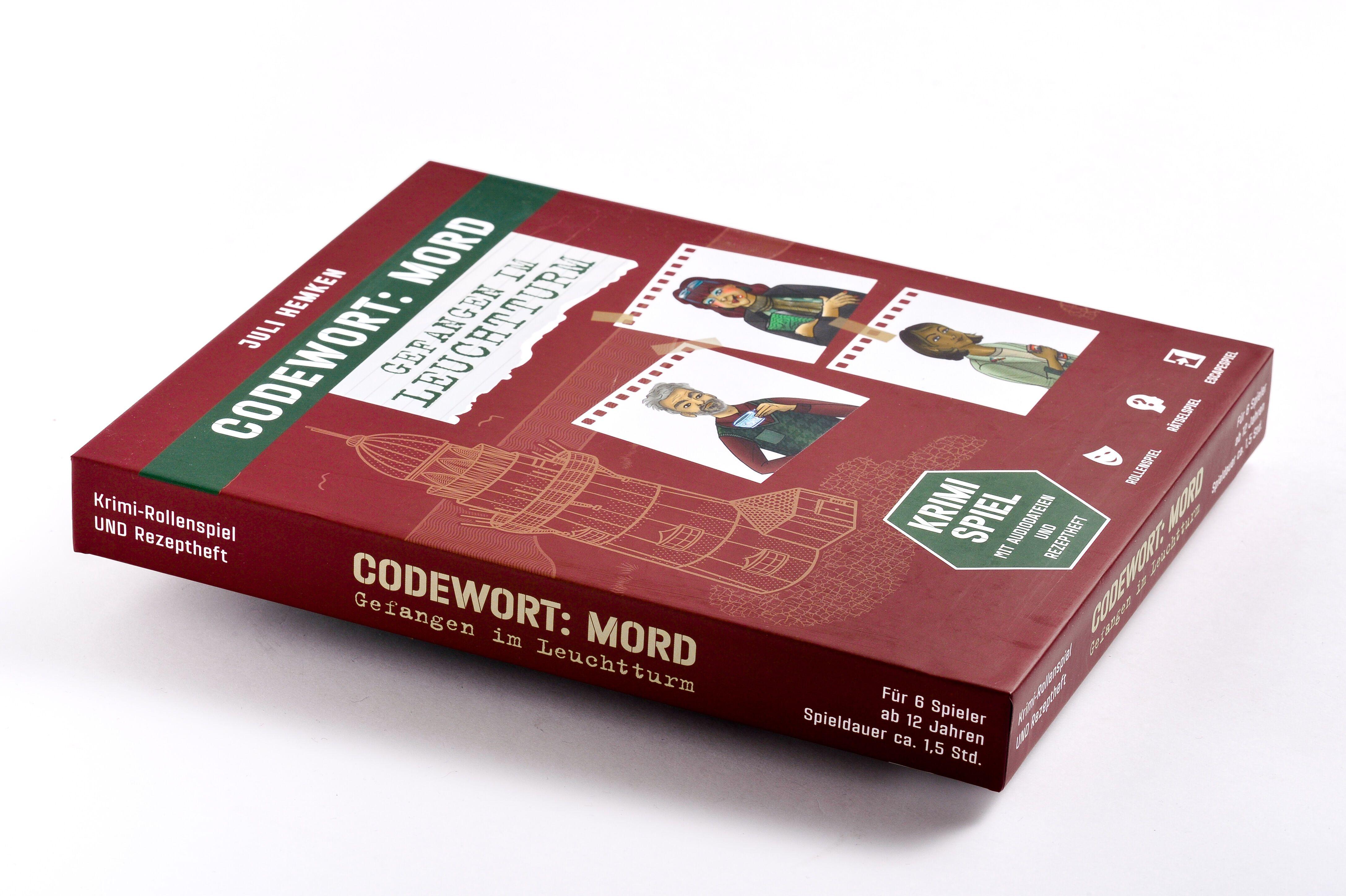 Beispielinhalt (Bild) Codewort: Mord. Gefangen im Leuchtturm. Krimidinner-Rollenspiel und Kochbuch. Für 6 Spieler ab 12 Jahren.