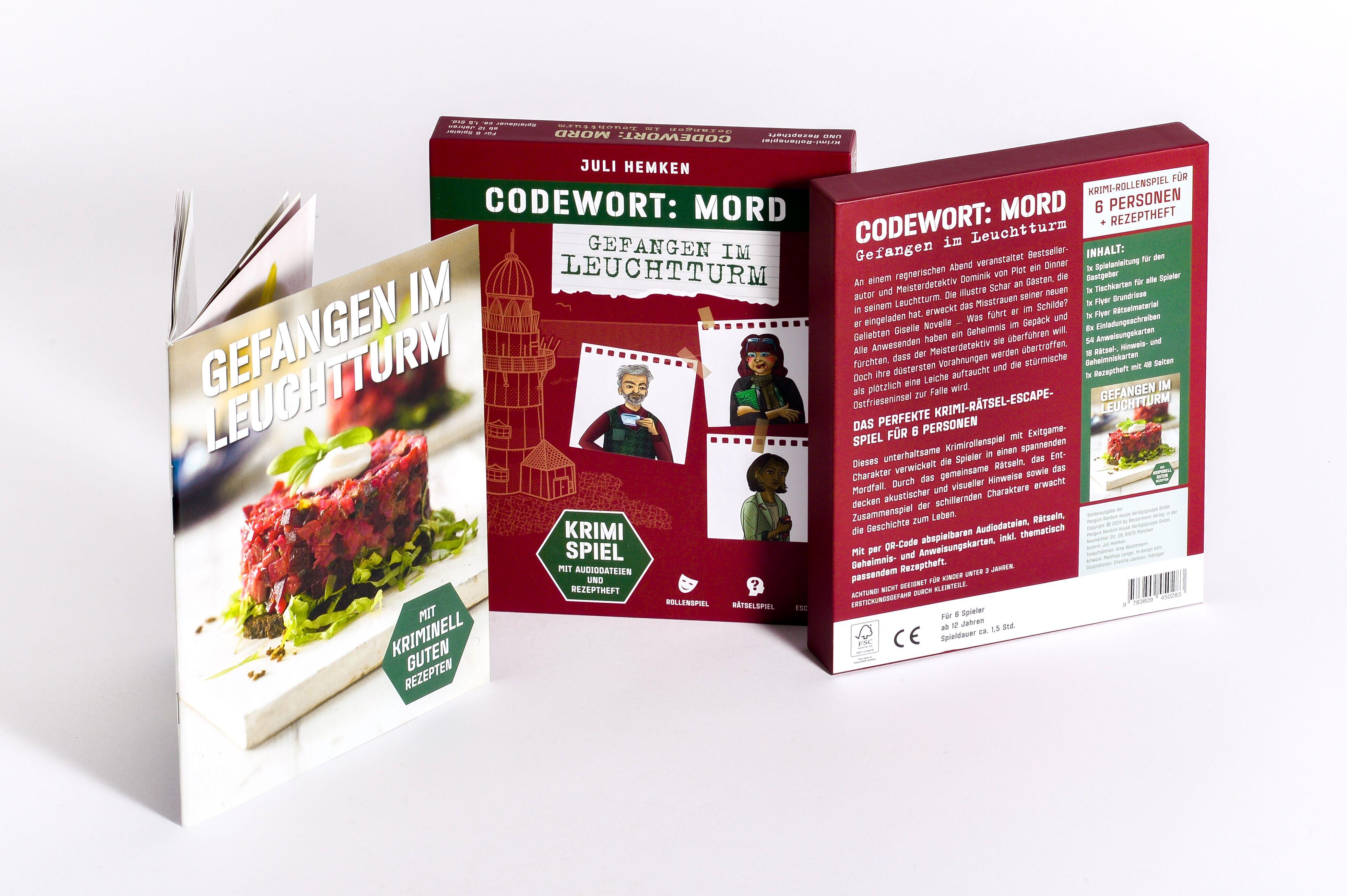 Beispielinhalt (Bild) Codewort: Mord. Gefangen im Leuchtturm. Krimidinner-Rollenspiel und Kochbuch. Für 6 Spieler ab 12 Jahren.