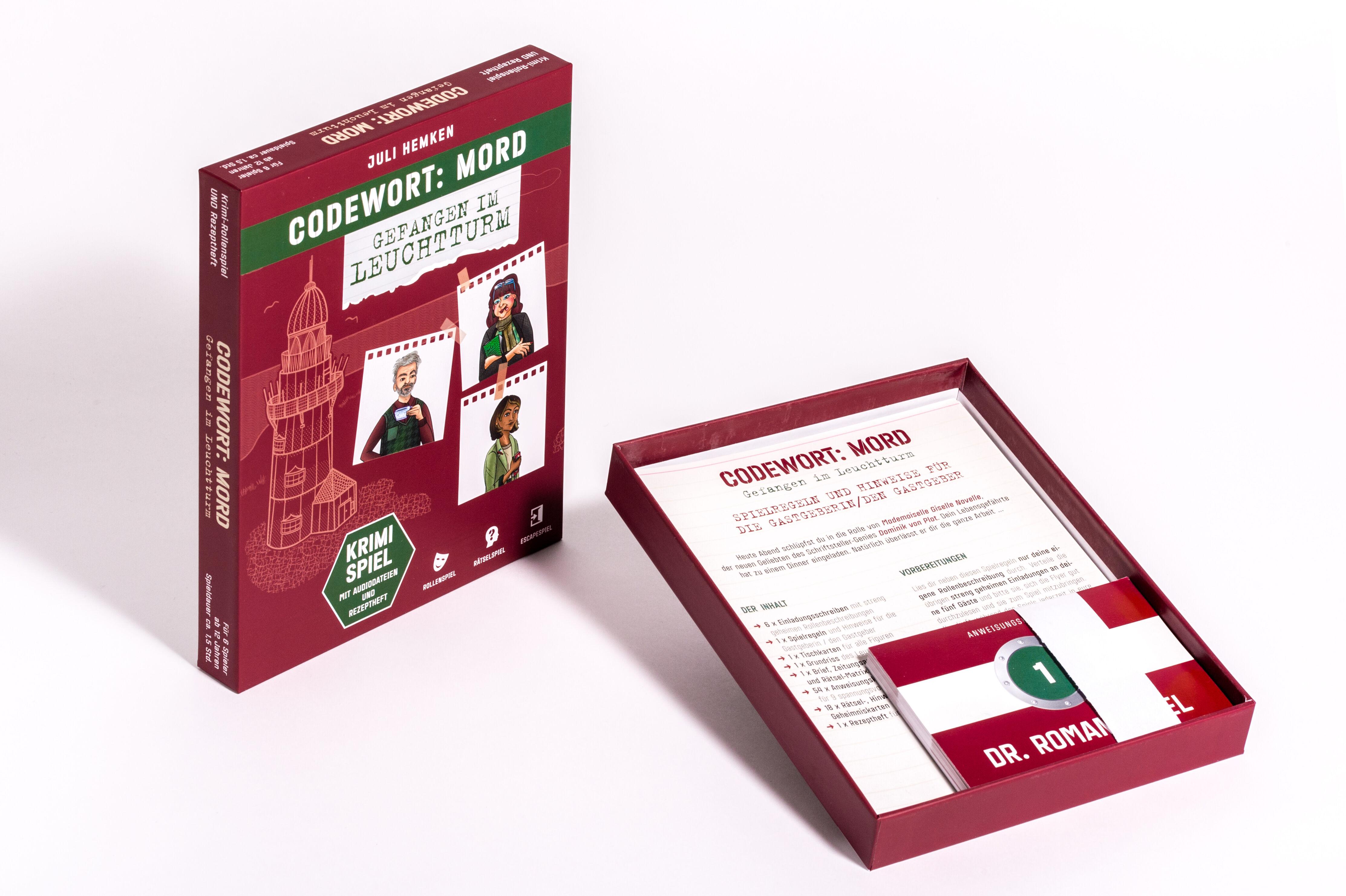 Beispielinhalt (Bild) Codewort: Mord. Gefangen im Leuchtturm. Krimidinner-Rollenspiel und Kochbuch. Für 6 Spieler ab 12 Jahren.