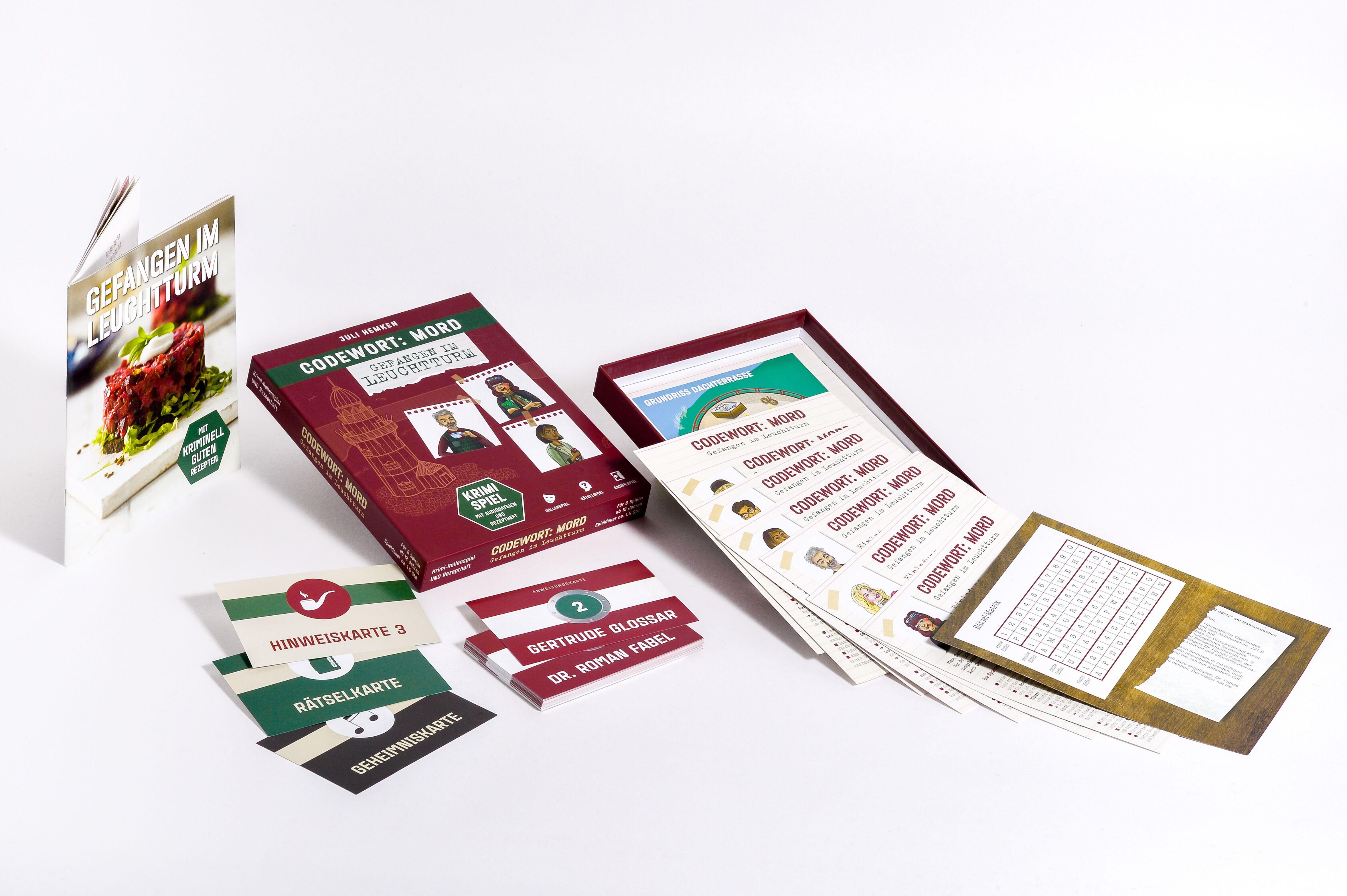 Beispielinhalt (Bild) Codewort: Mord. Gefangen im Leuchtturm. Krimidinner-Rollenspiel und Kochbuch. Für 6 Spieler ab 12 Jahren.