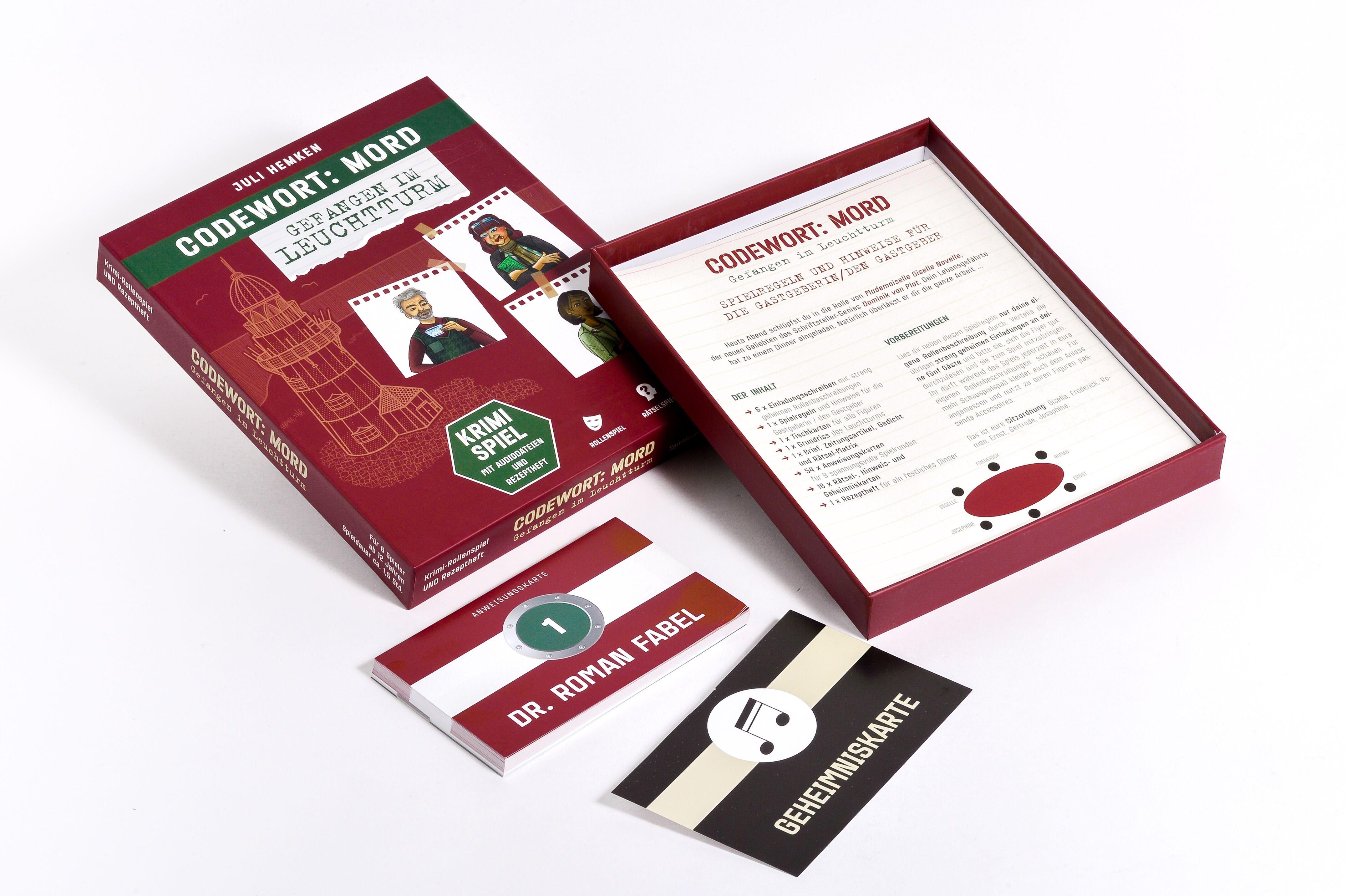 Beispielinhalt (Bild) Codewort: Mord. Gefangen im Leuchtturm. Krimidinner-Rollenspiel und Kochbuch. Für 6 Spieler ab 12 Jahren.