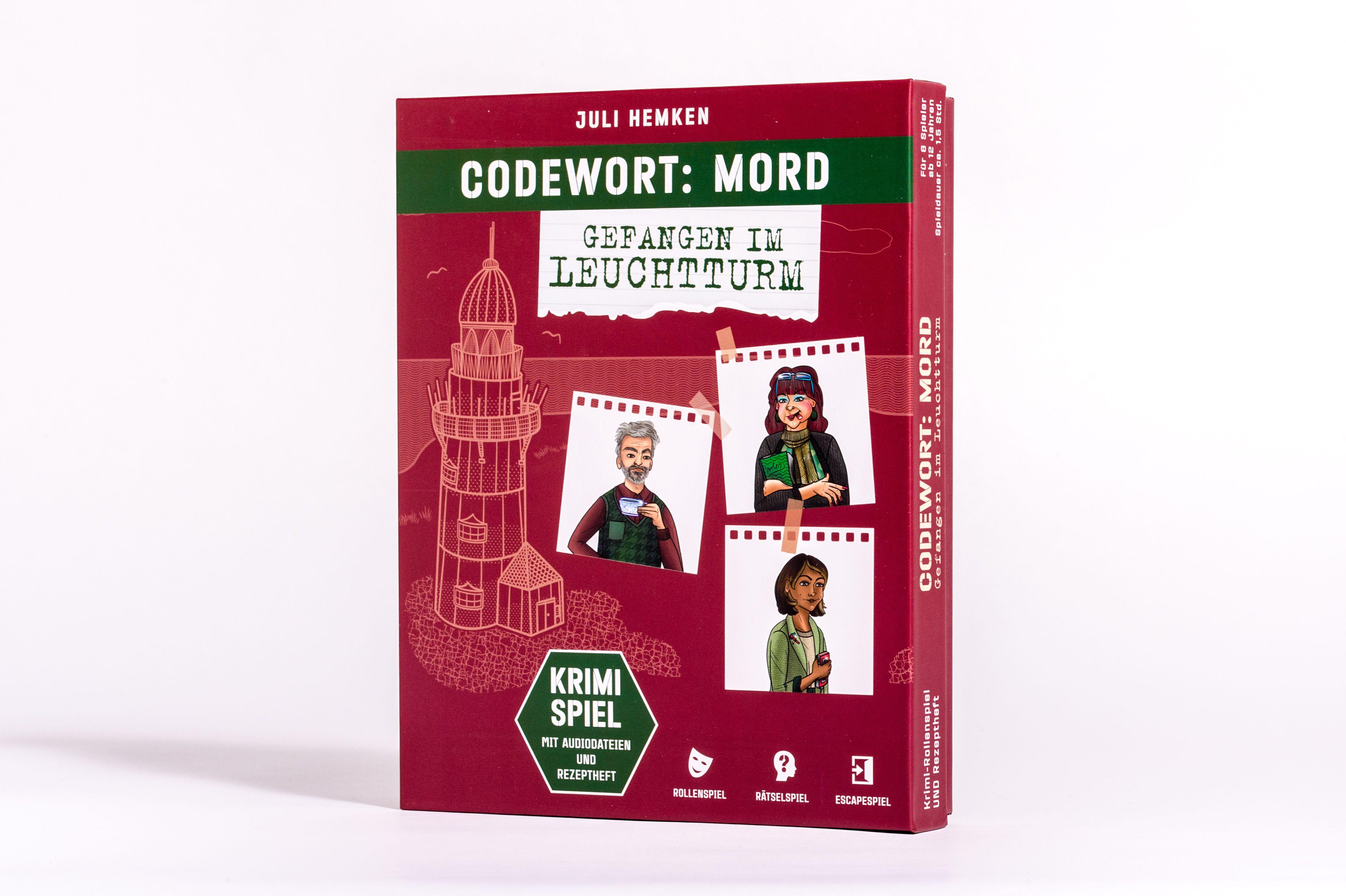 Vorderes Coverbild Codewort: Mord. Gefangen im Leuchtturm. Krimidinner-Rollenspiel und Kochbuch. Für 6 Spieler ab 12 Jahren.