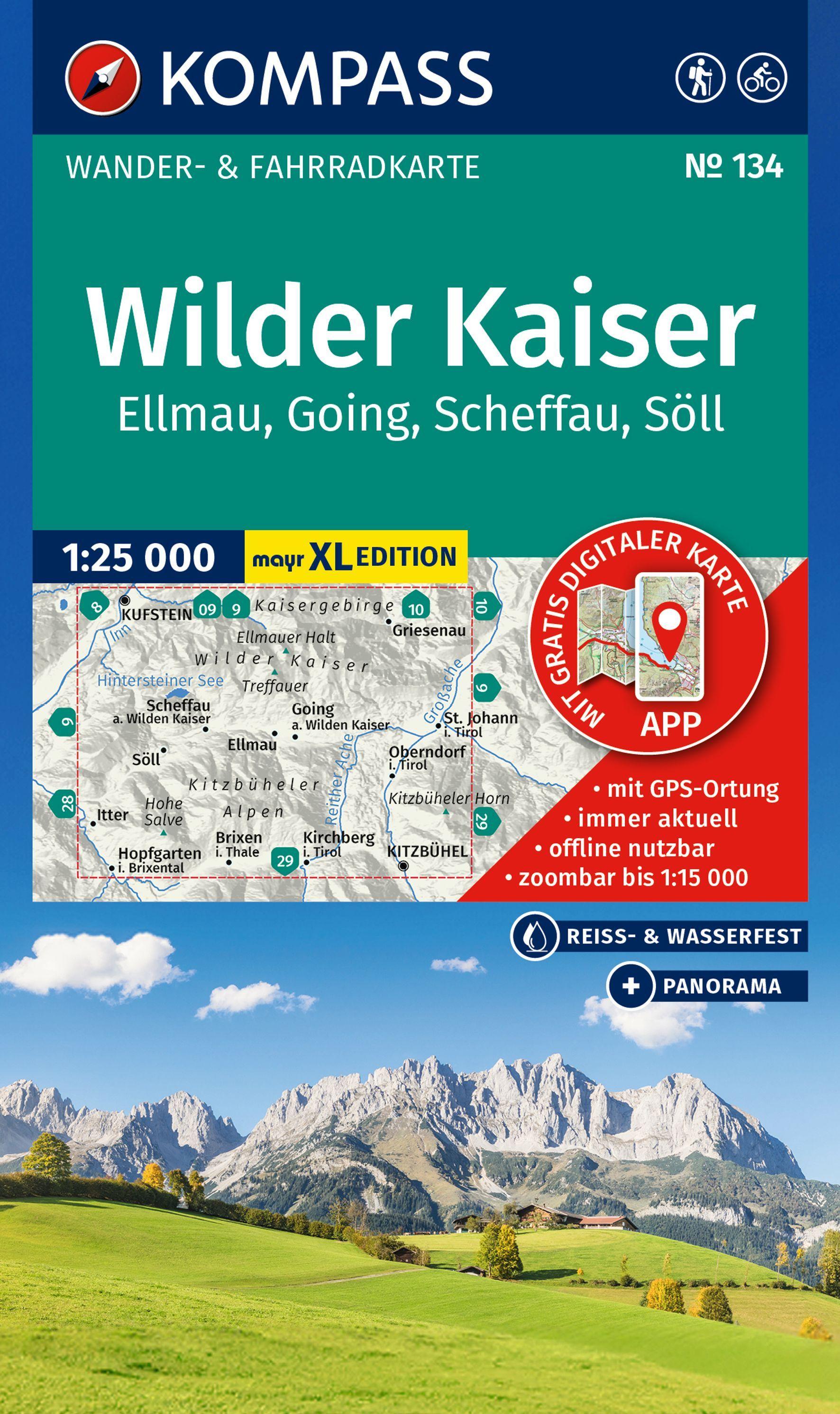Vorderes Coverbild KOMPASS Wanderkarte 134 Wilder Kaiser, Ellmau, Going, Scheffau, Söll 1:25.000